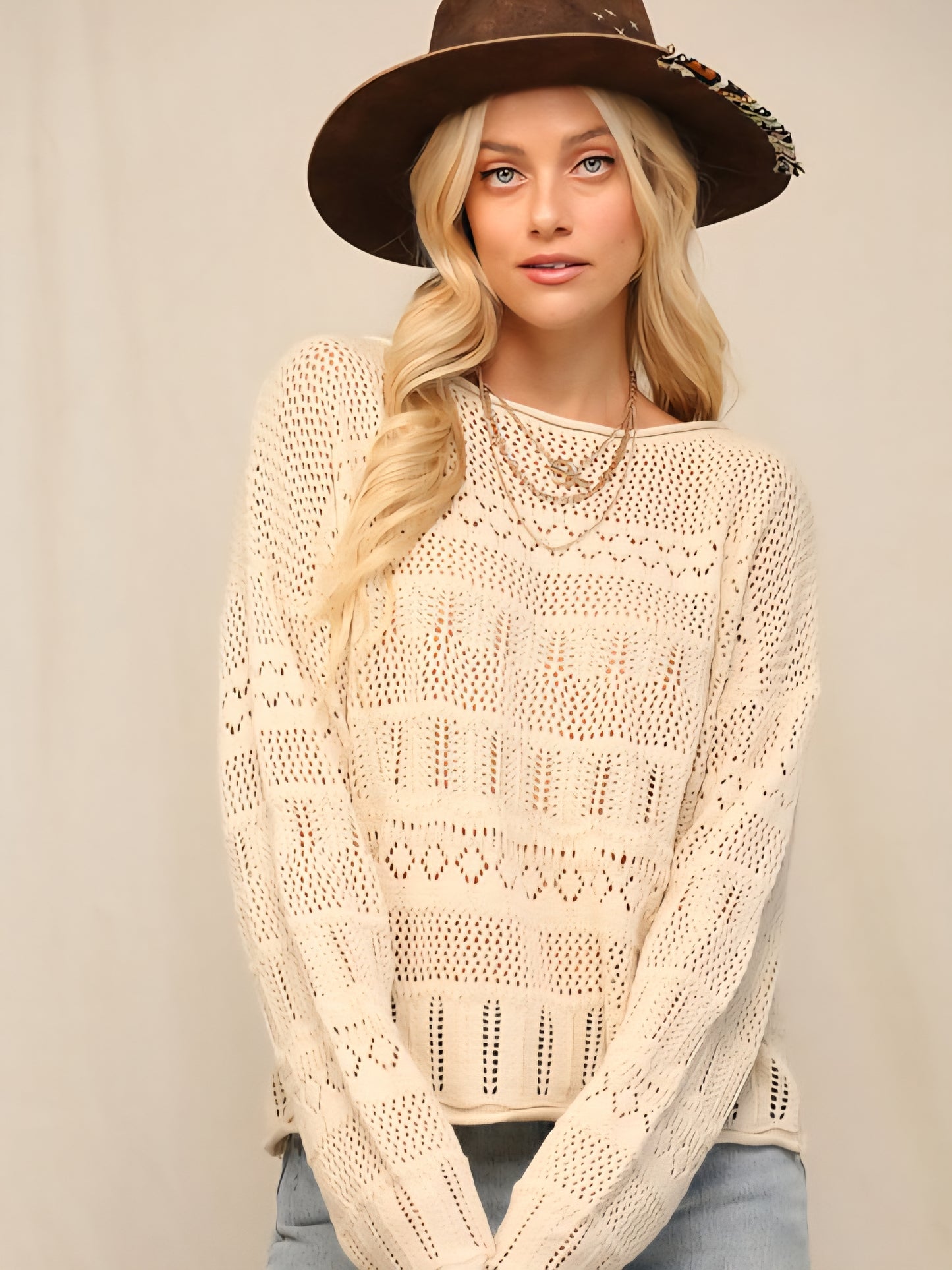 Cream Pointelle Knit Sweater