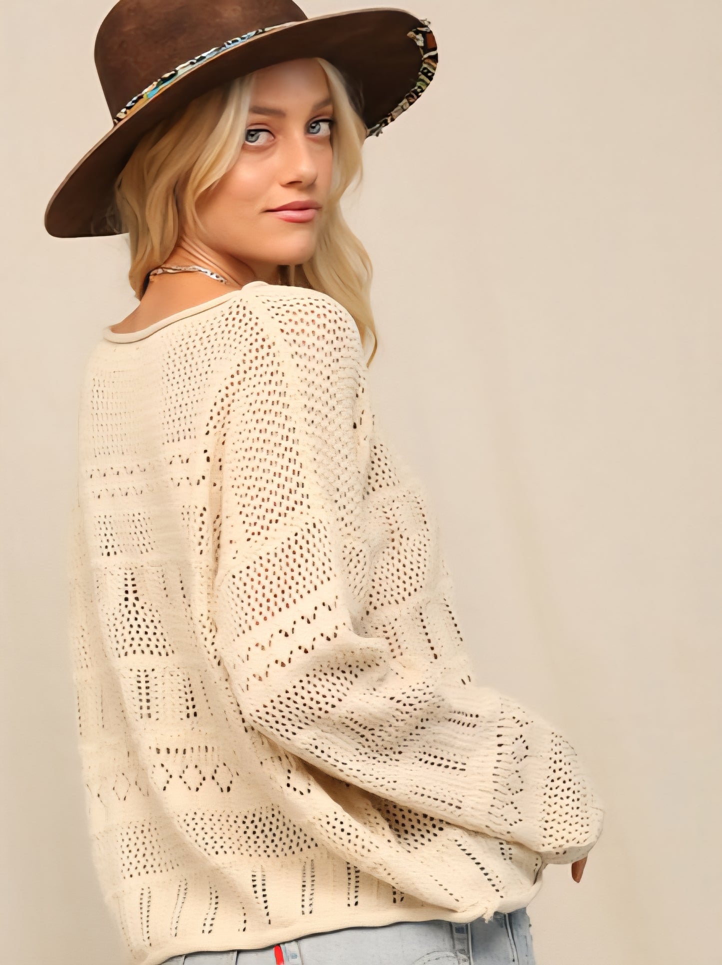 Cream Pointelle Knit Sweater