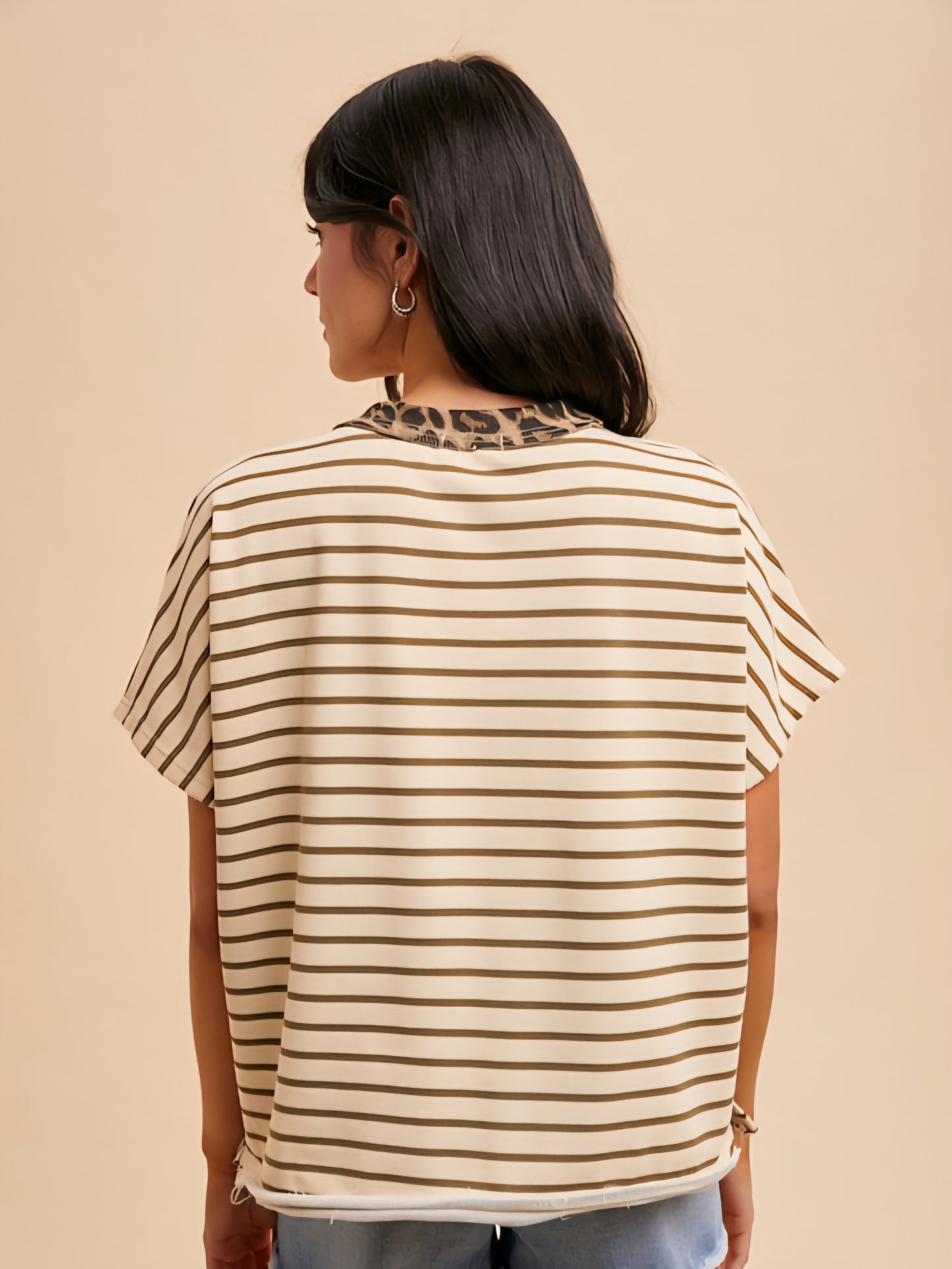 Striped French Terry Top with Leopard Trim Neckline