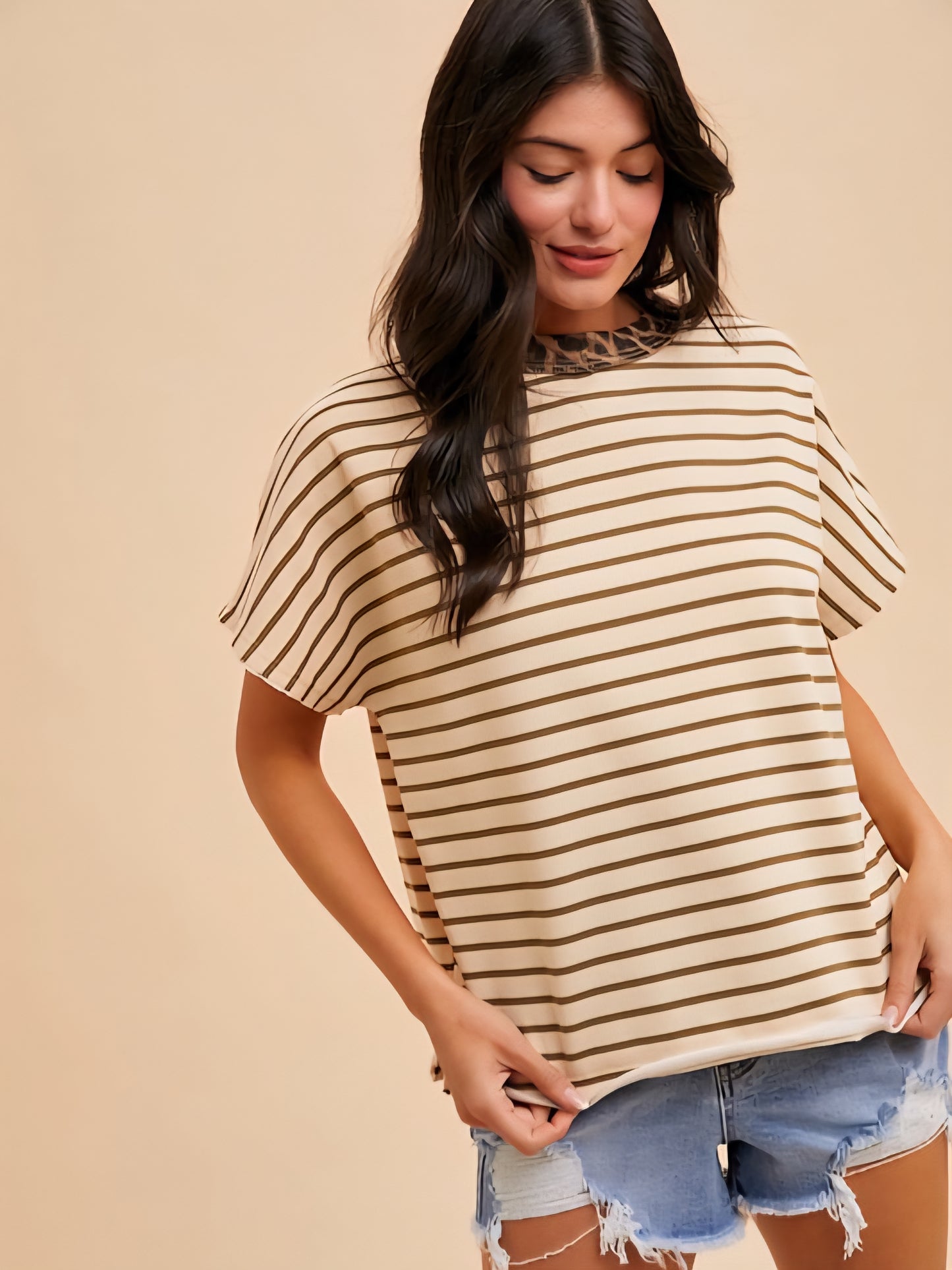 Striped French Terry Top with Leopard Trim Neckline