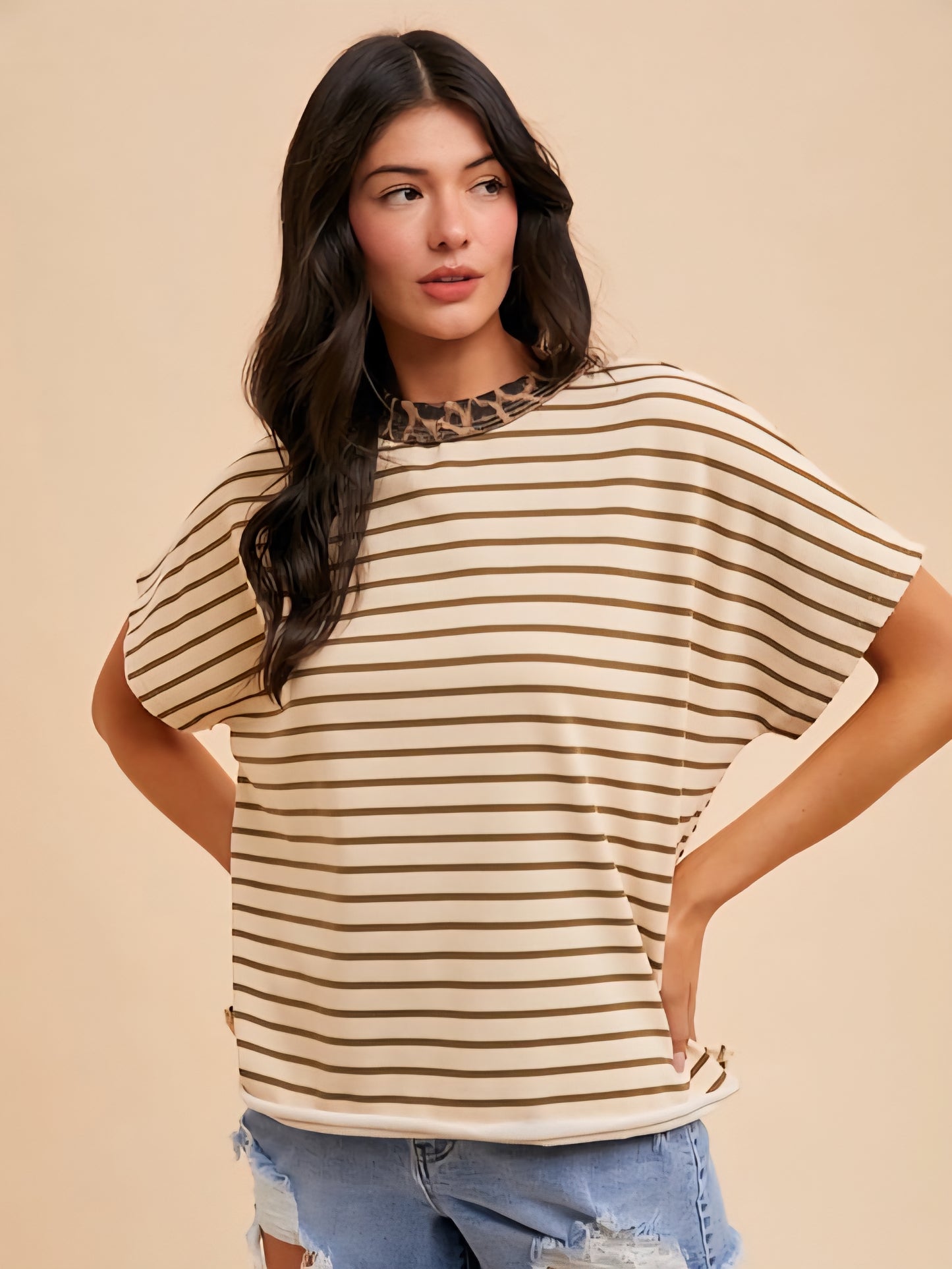 Striped French Terry Top with Leopard Trim Neckline