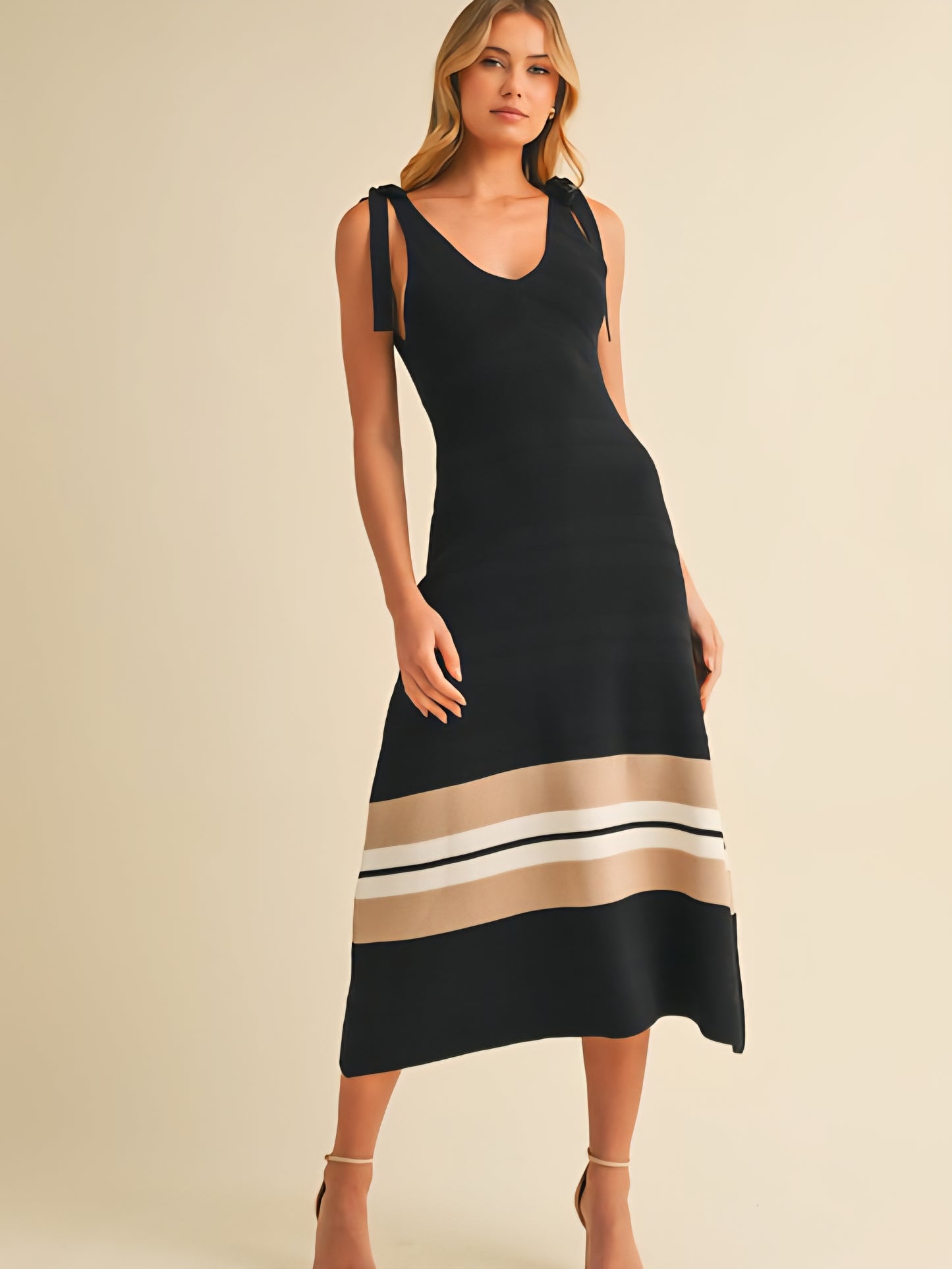Sweater Knit Midi Dress with Bow Tie Straps