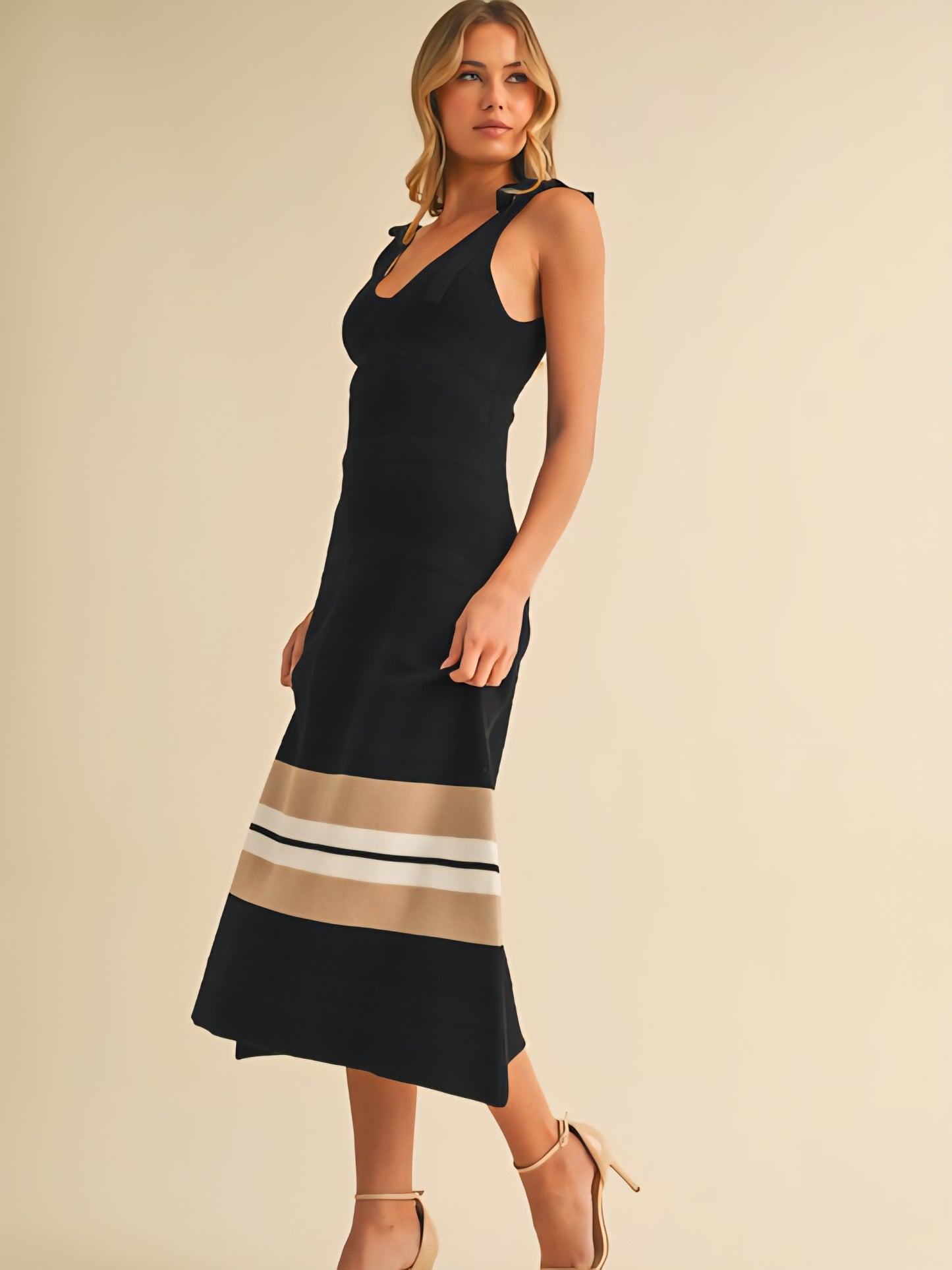 Sweater Knit Midi Dress with Bow Tie Straps