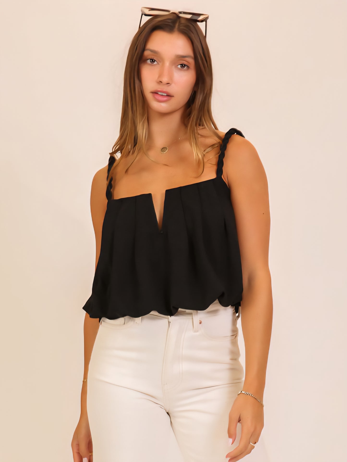 Twist Strap Bubble Hem Notch Top