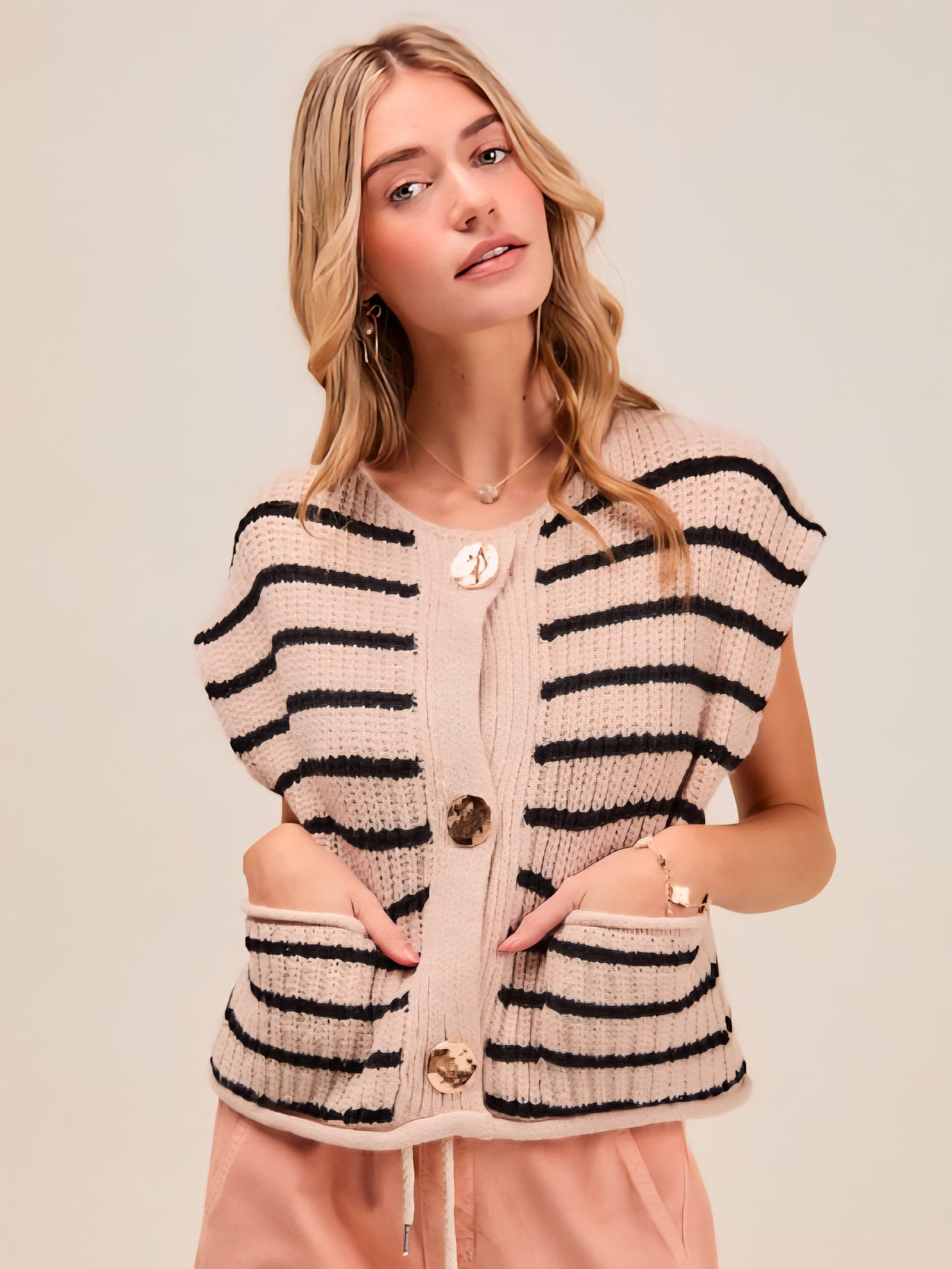 Stripe Sweater Vest with Hammered Gold Buttons