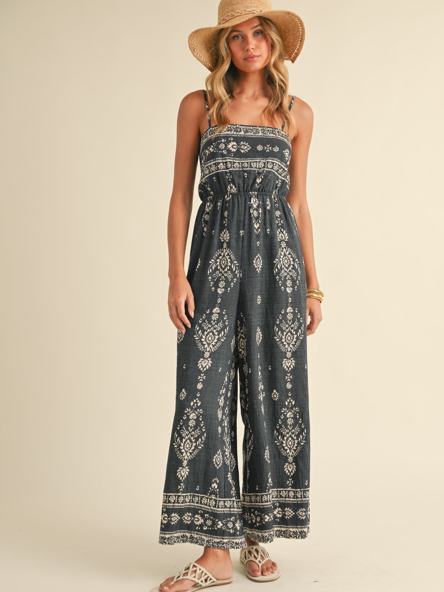 Smocked Wide Leg Printed Jumpsuit