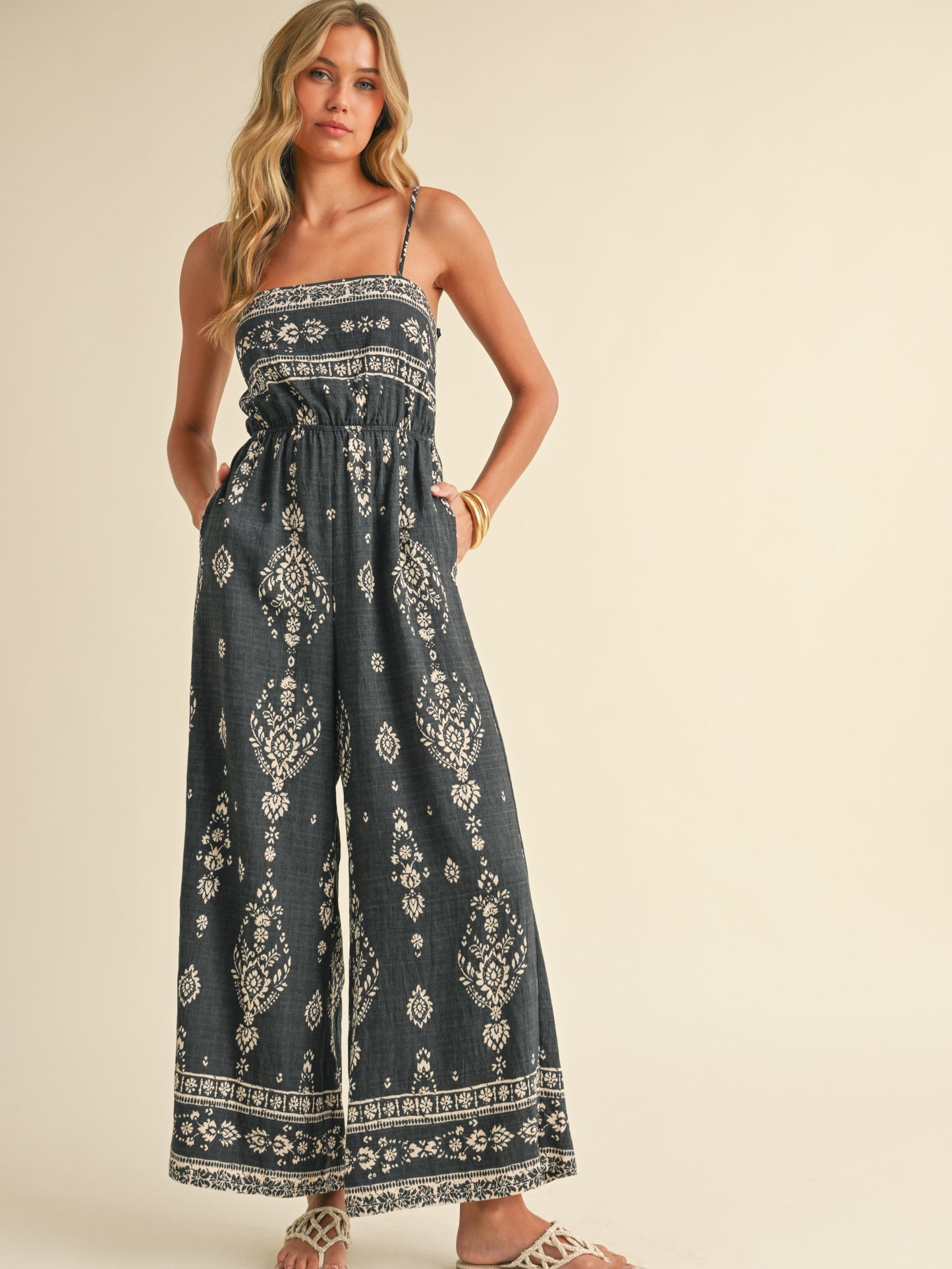 Smocked Wide Leg Printed Jumpsuit