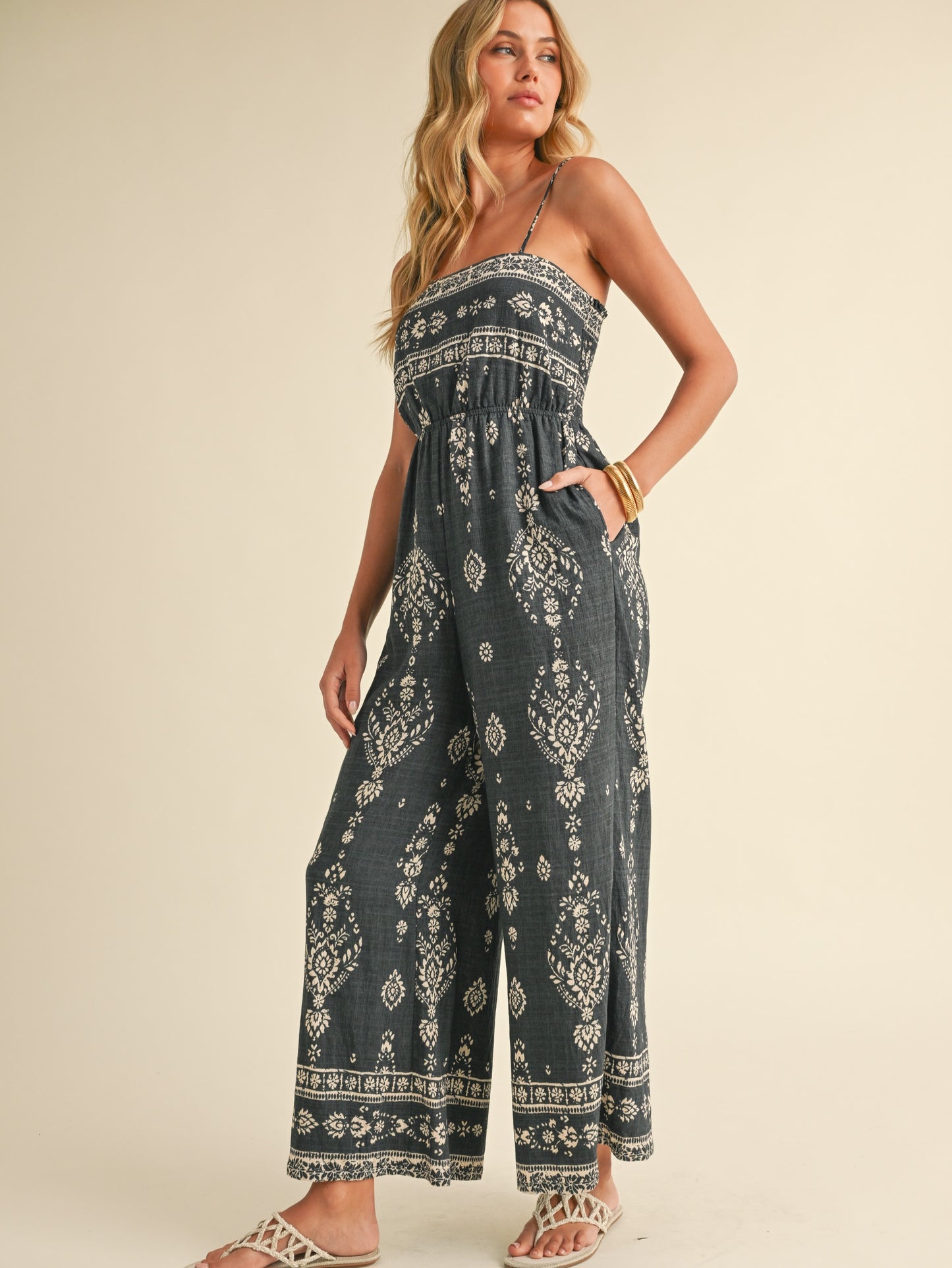 Smocked Wide Leg Printed Jumpsuit