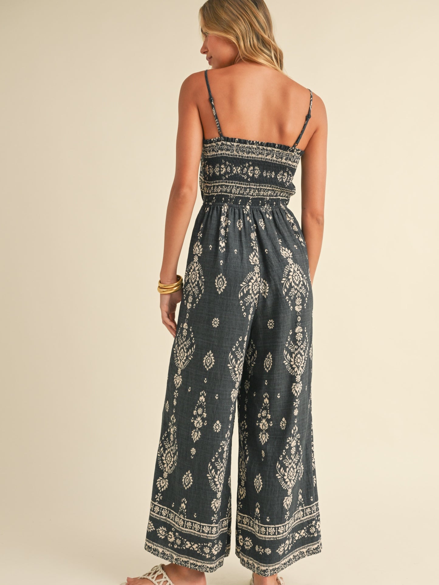 Smocked Wide Leg Printed Jumpsuit