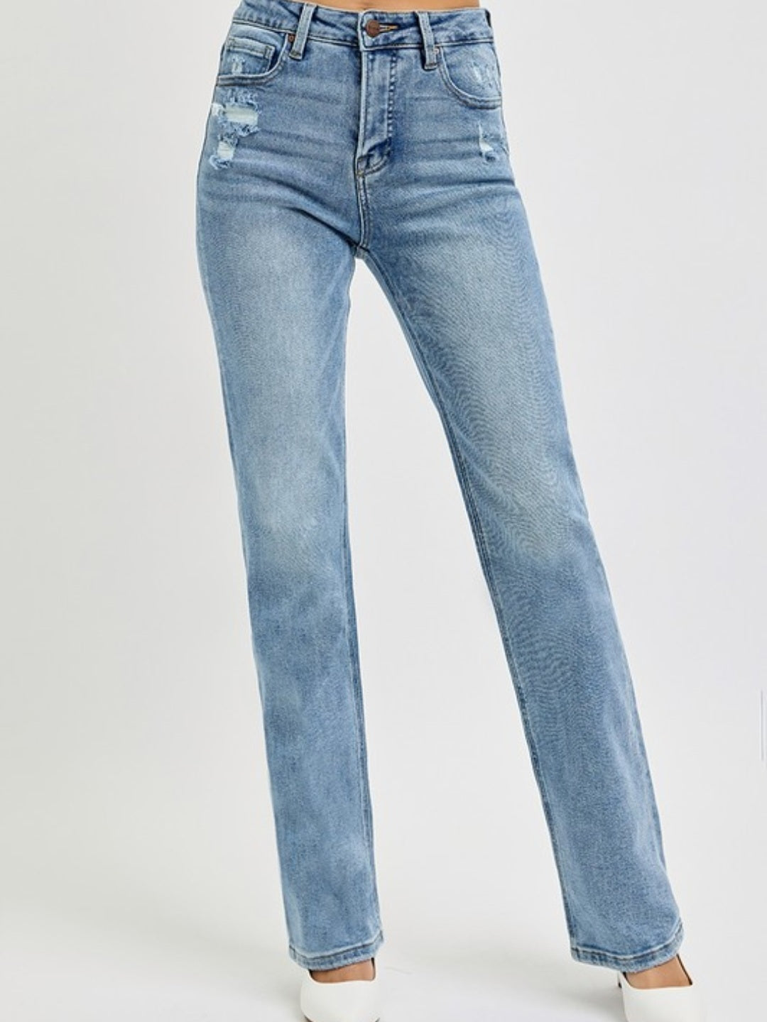 Tummy Control High Rise Straight Leg Jeans with Distressing