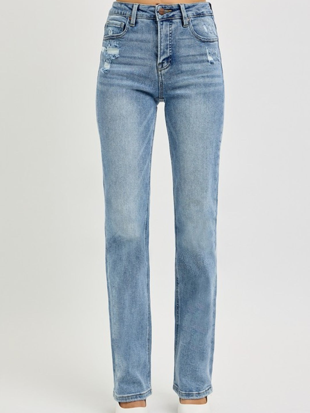 Tummy Control High Rise Straight Leg Jeans with Distressing