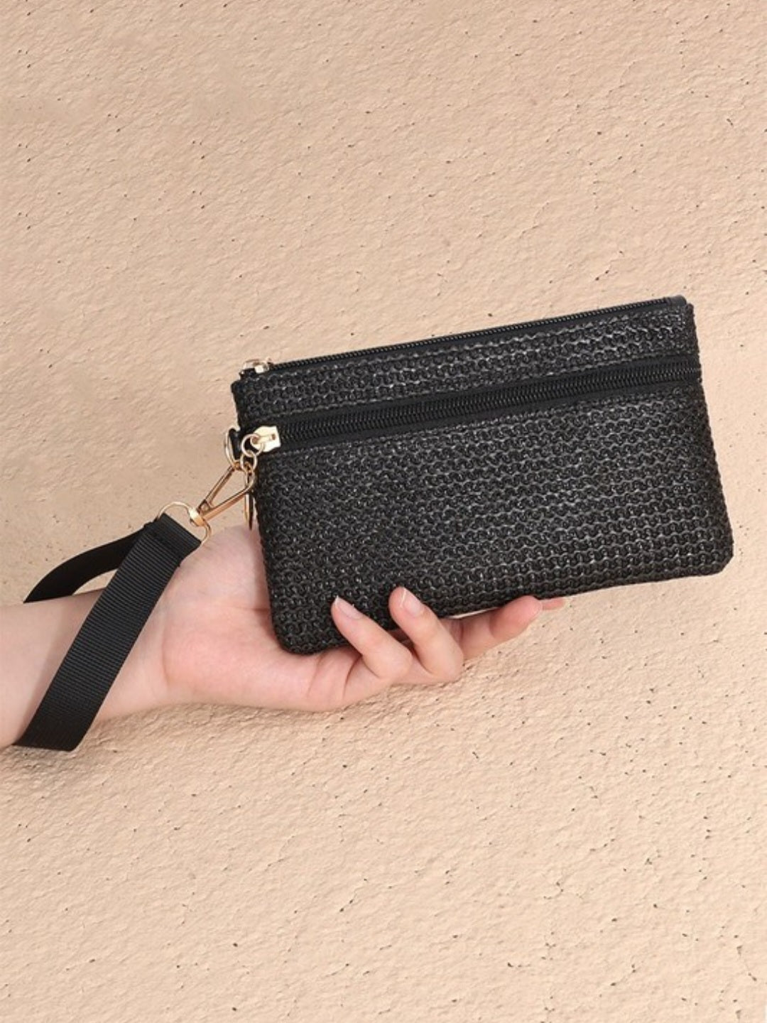 Black Woven Straw Wristlet