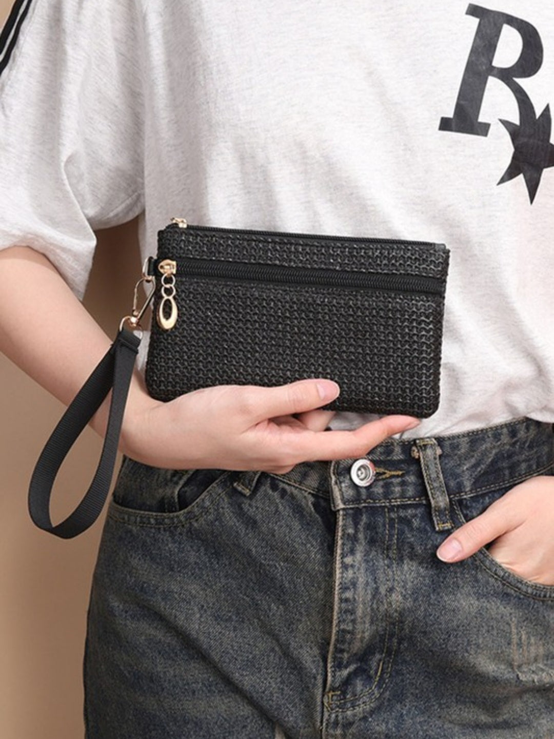 Black Woven Straw Wristlet