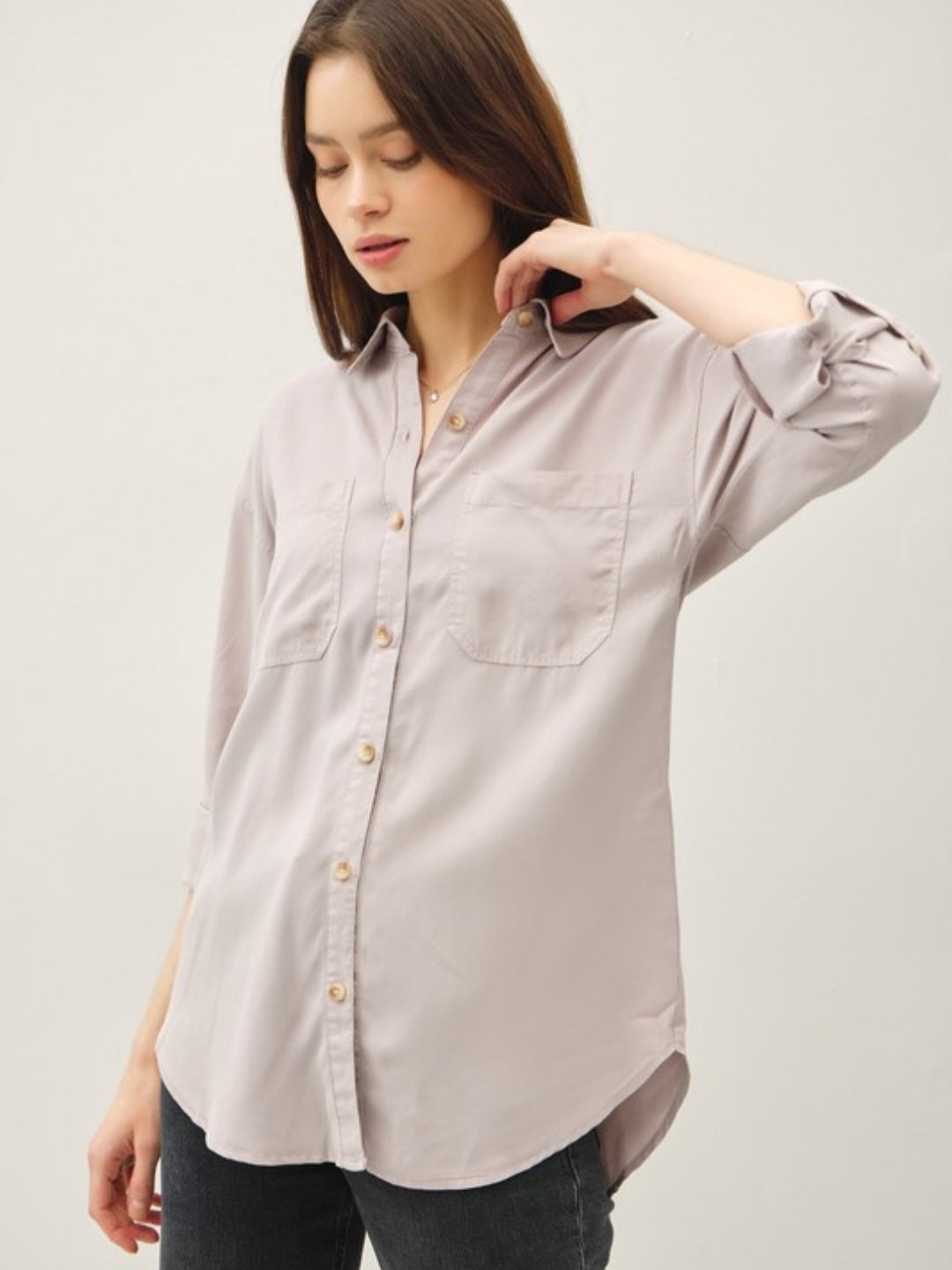 Grey Tencel Oversized Button Down Shirt