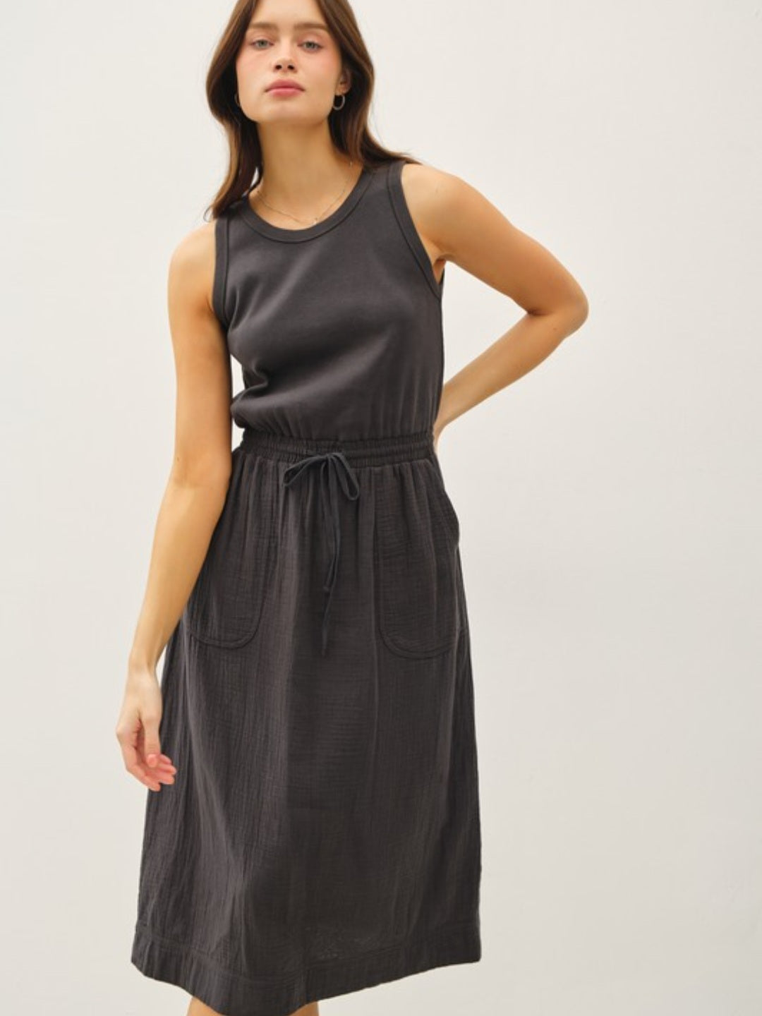 Charcoal Mixed Material Tank Midi Dress
