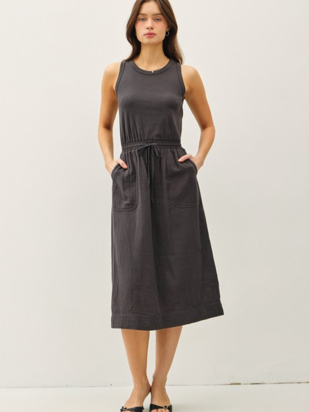 Charcoal Mixed Material Tank Midi Dress