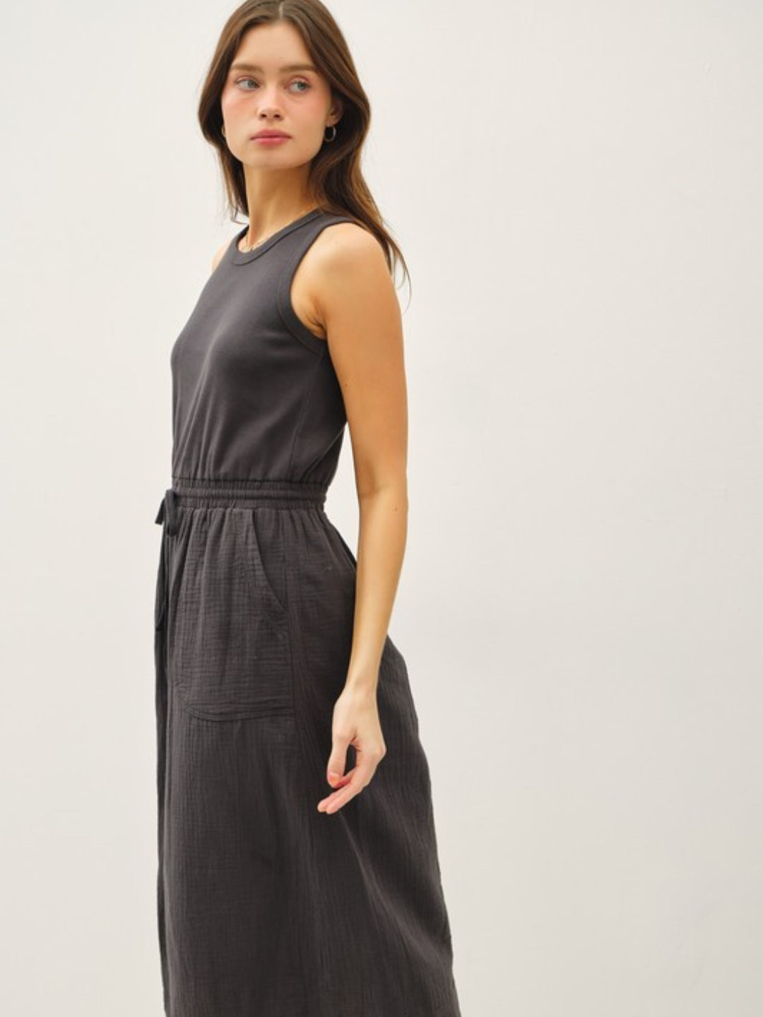 Charcoal Mixed Material Tank Midi Dress