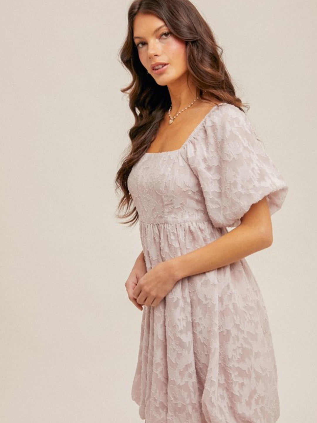 Dusty Lilac Chiffon Burnout Jacquard Print Bubble Dress