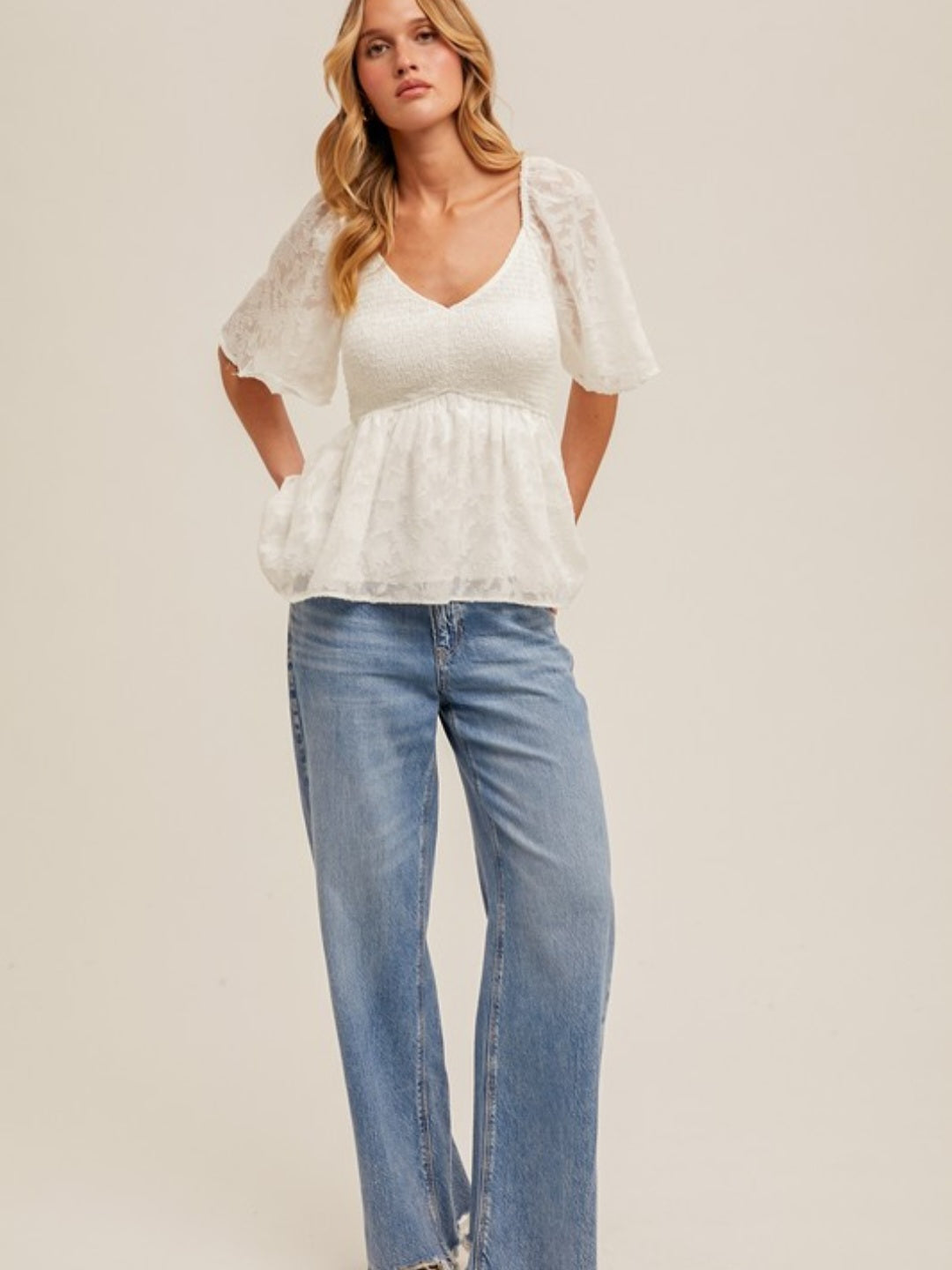 V-Neck Smocked Burnout Peplum Top
