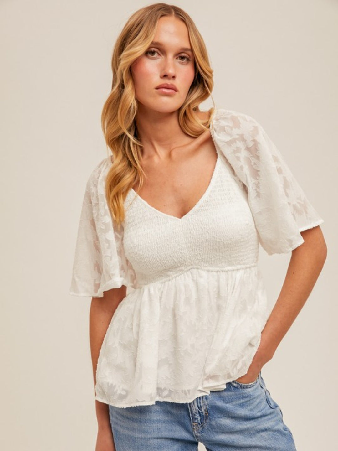 V-Neck Smocked Burnout Peplum Top