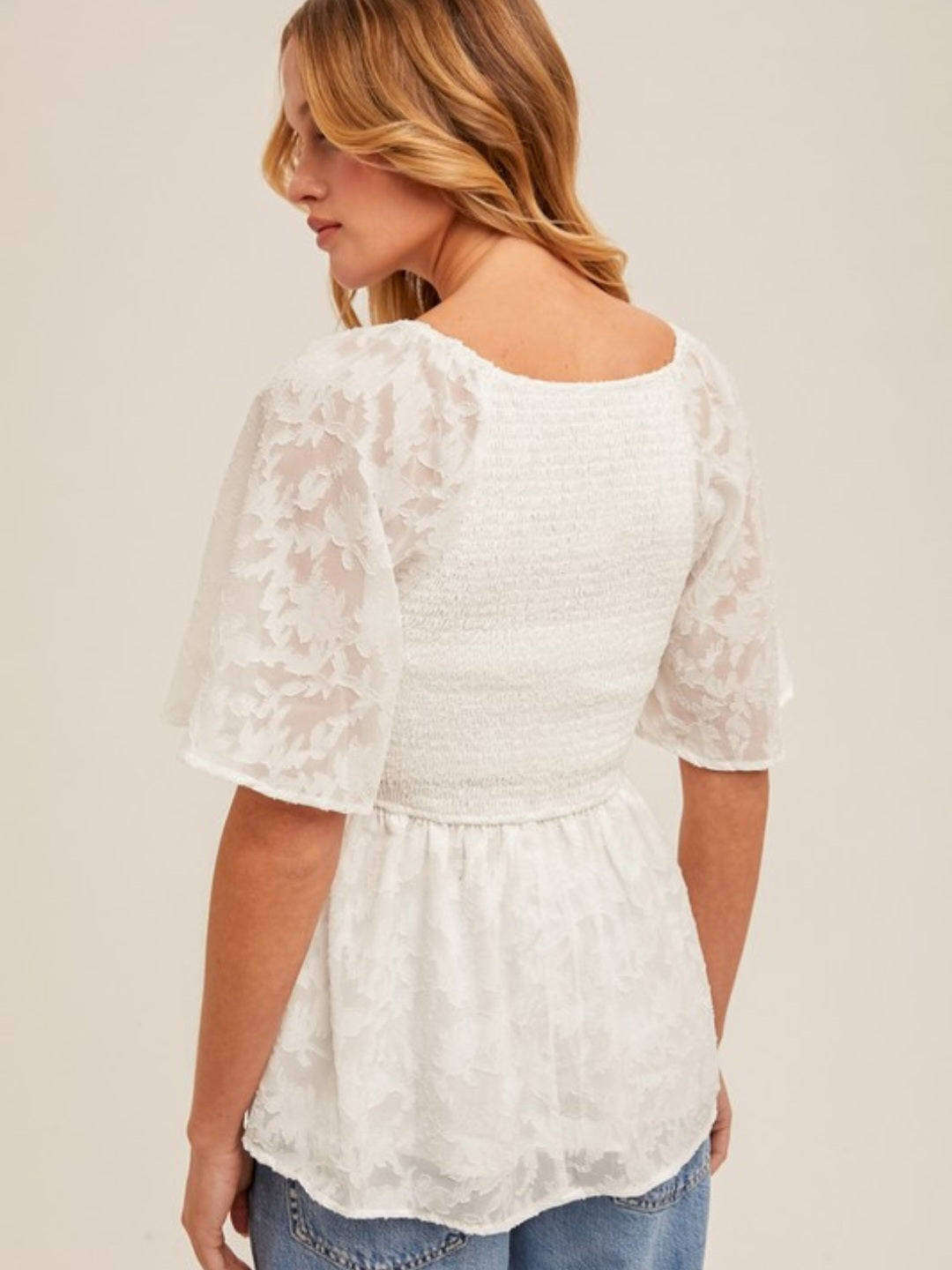 V-Neck Smocked Burnout Peplum Top
