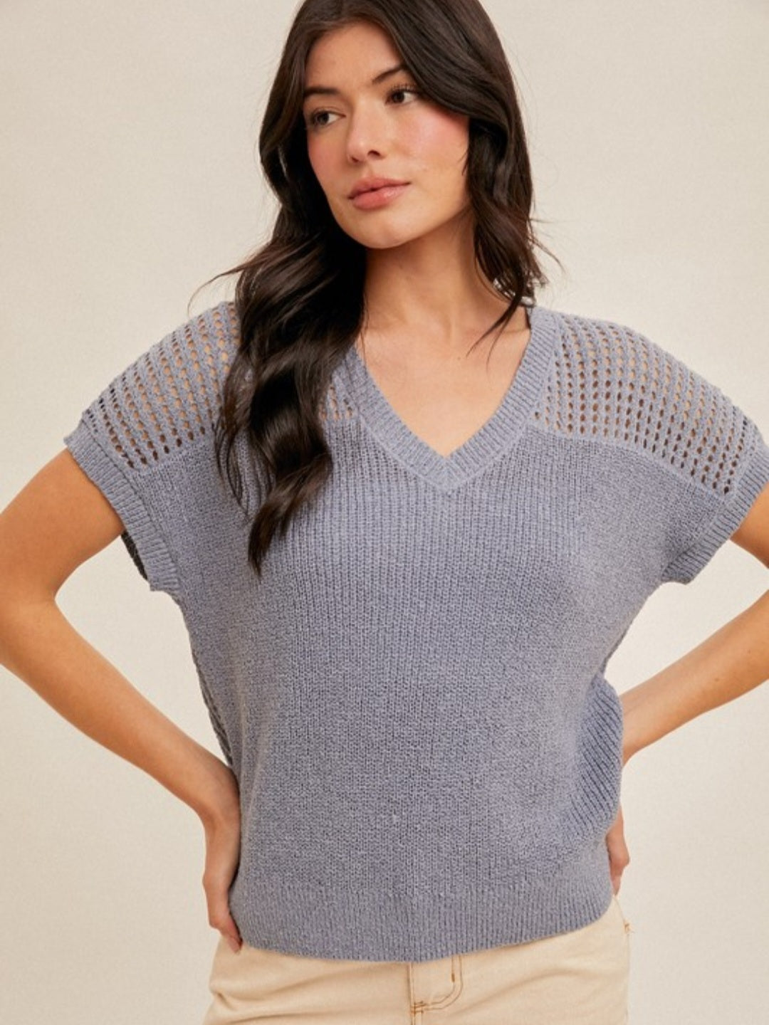 V-Neck Fishnet Back Knit Sweater