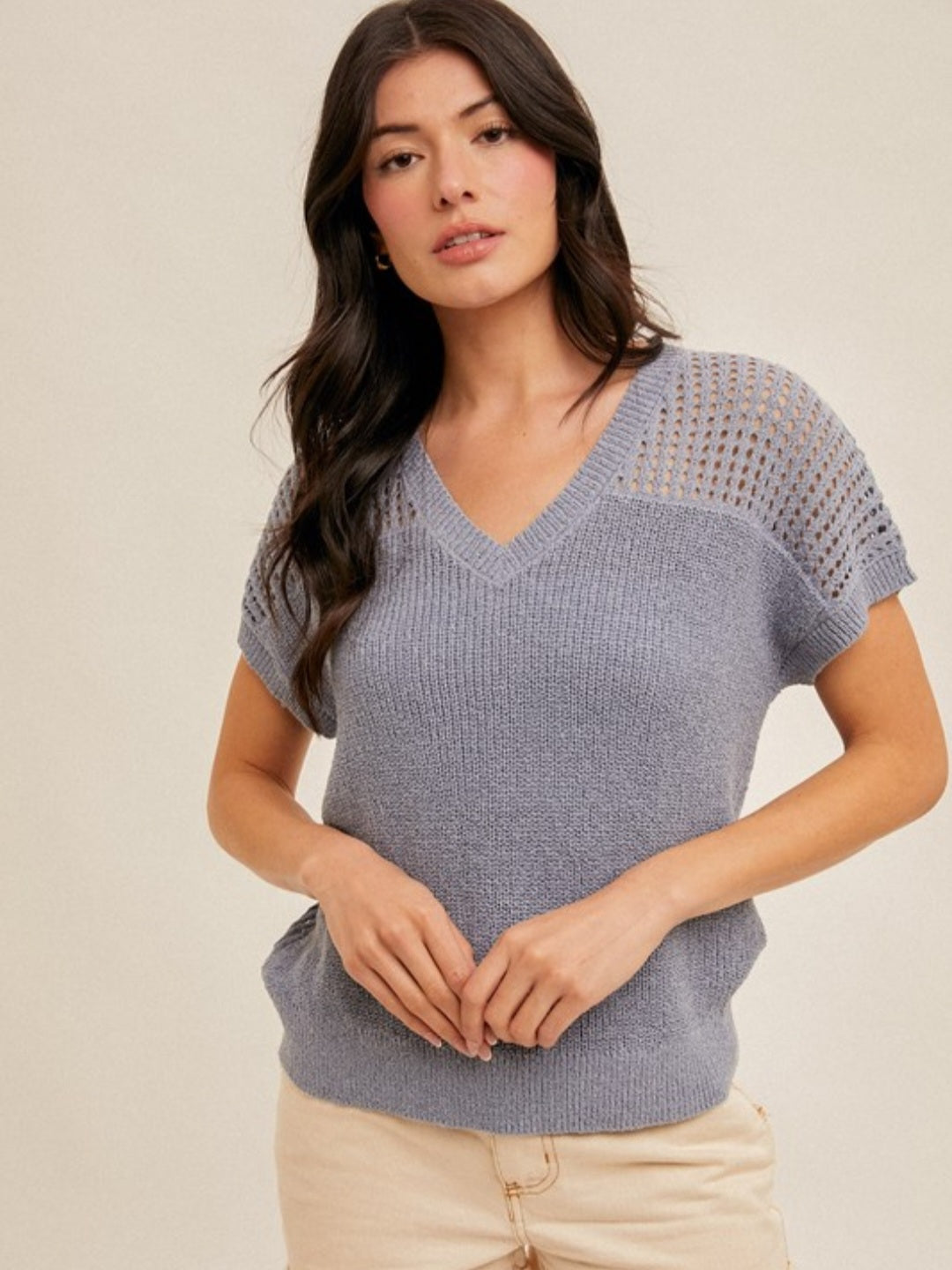 V-Neck Fishnet Back Knit Sweater