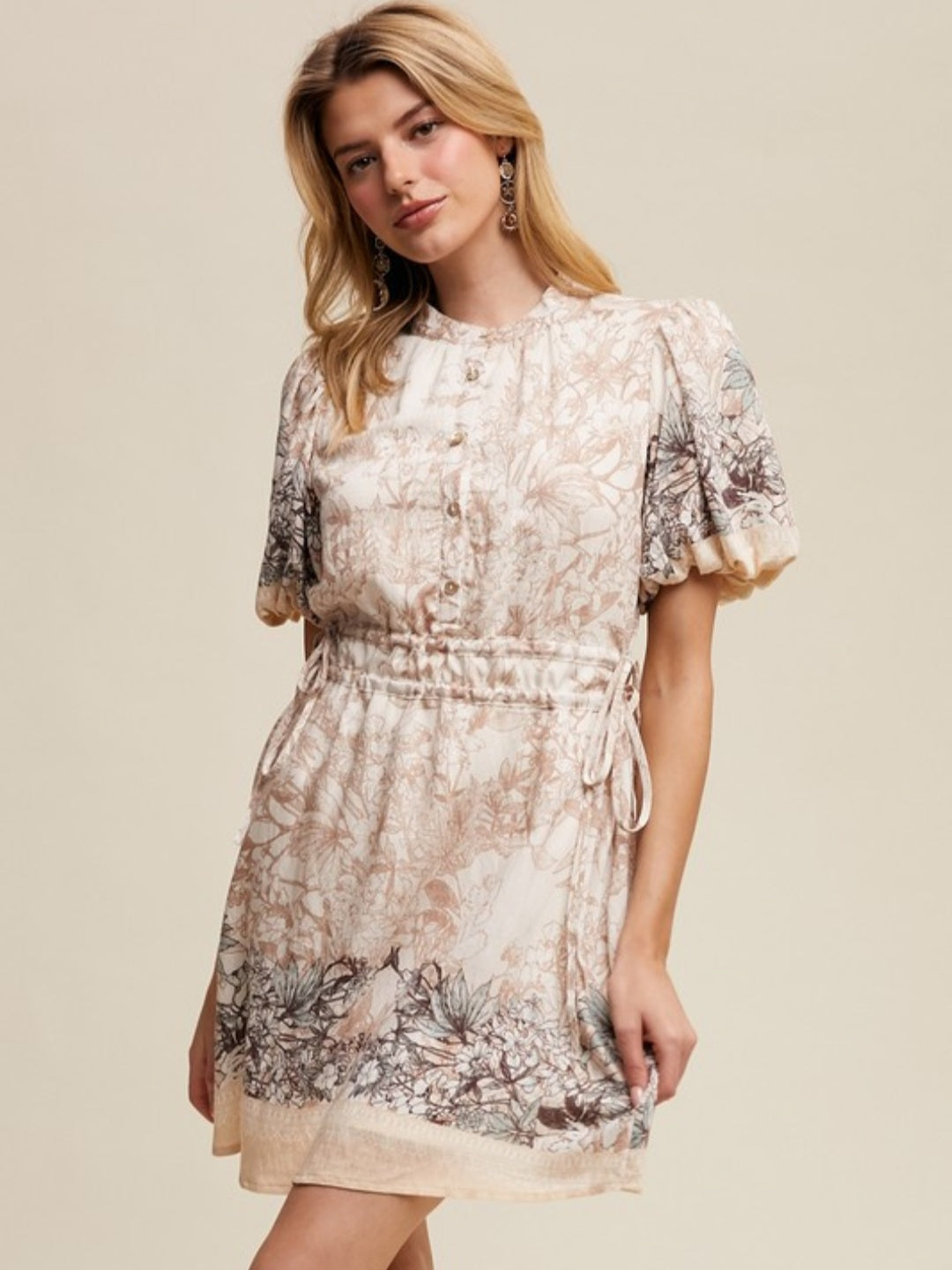 Champagne Floral Print Puff Sleeve Dress