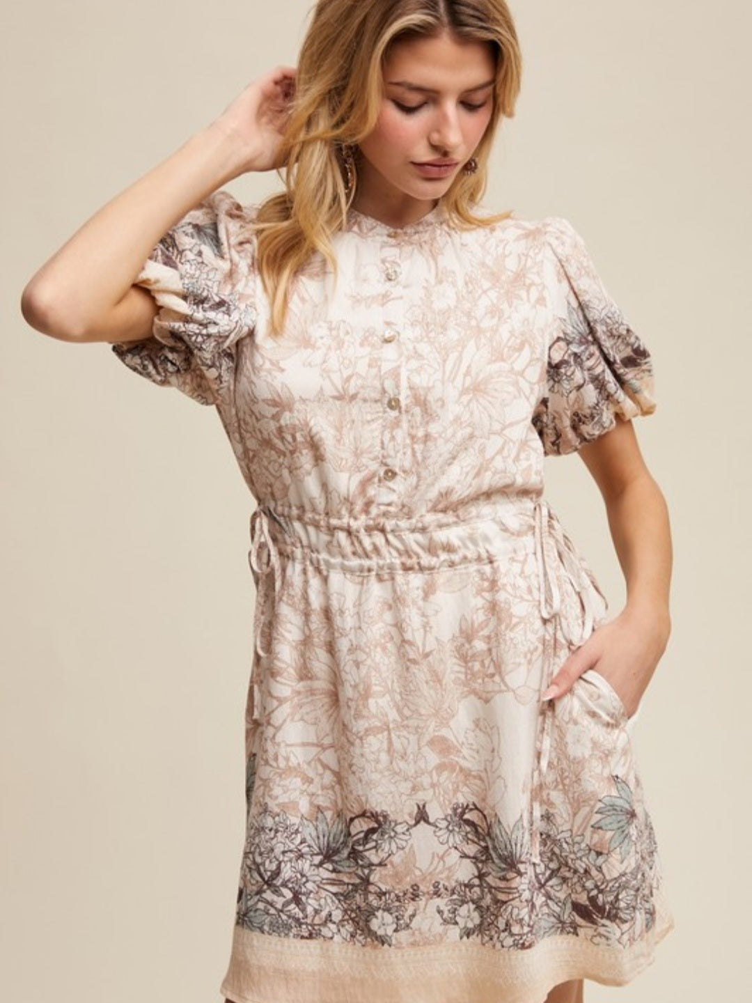 Champagne Floral Print Puff Sleeve Dress
