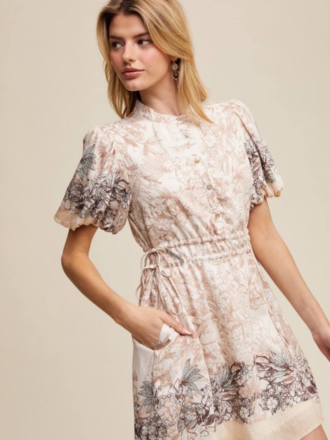 Champagne Floral Print Puff Sleeve Dress