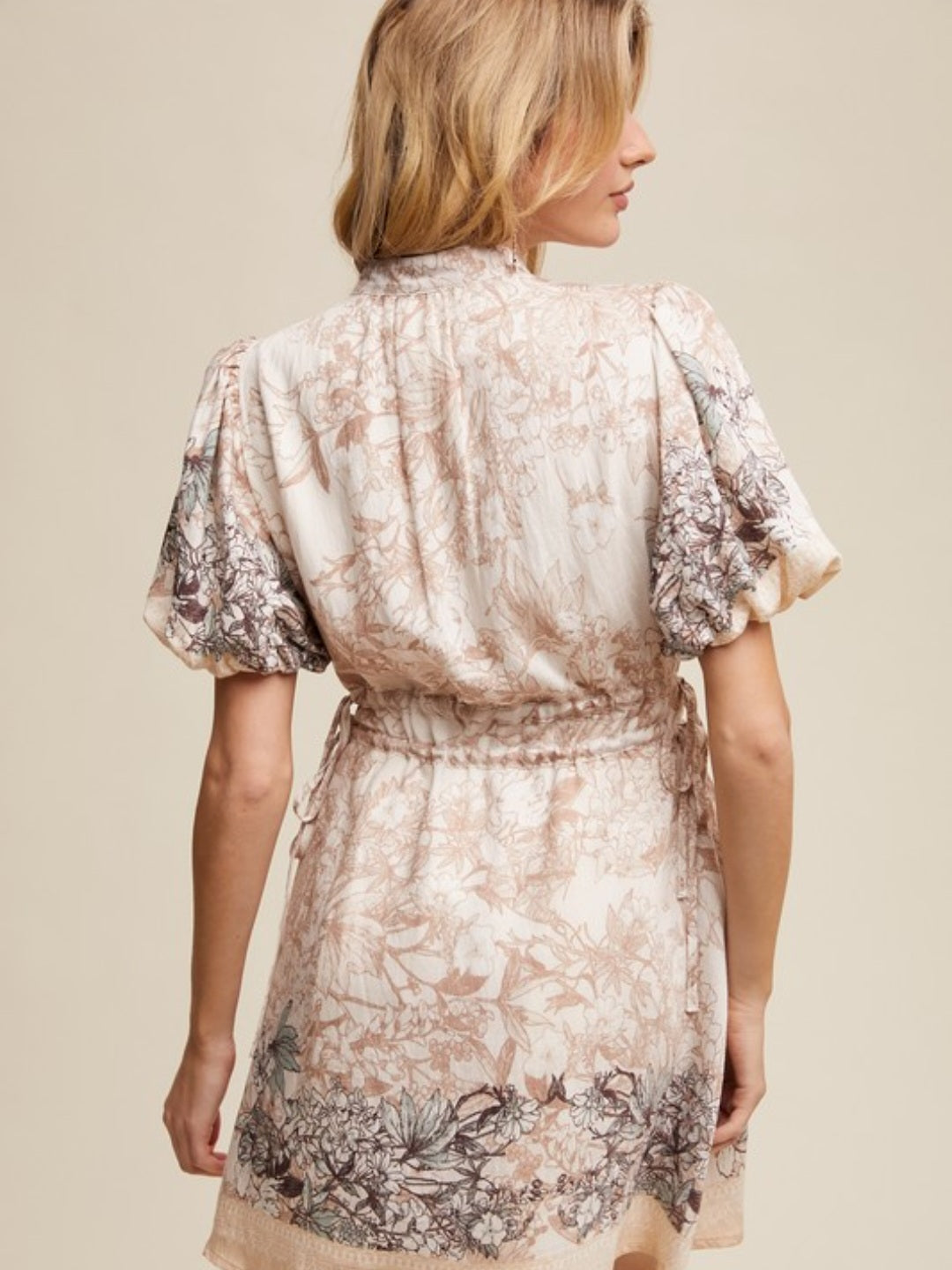 Champagne Floral Print Puff Sleeve Dress