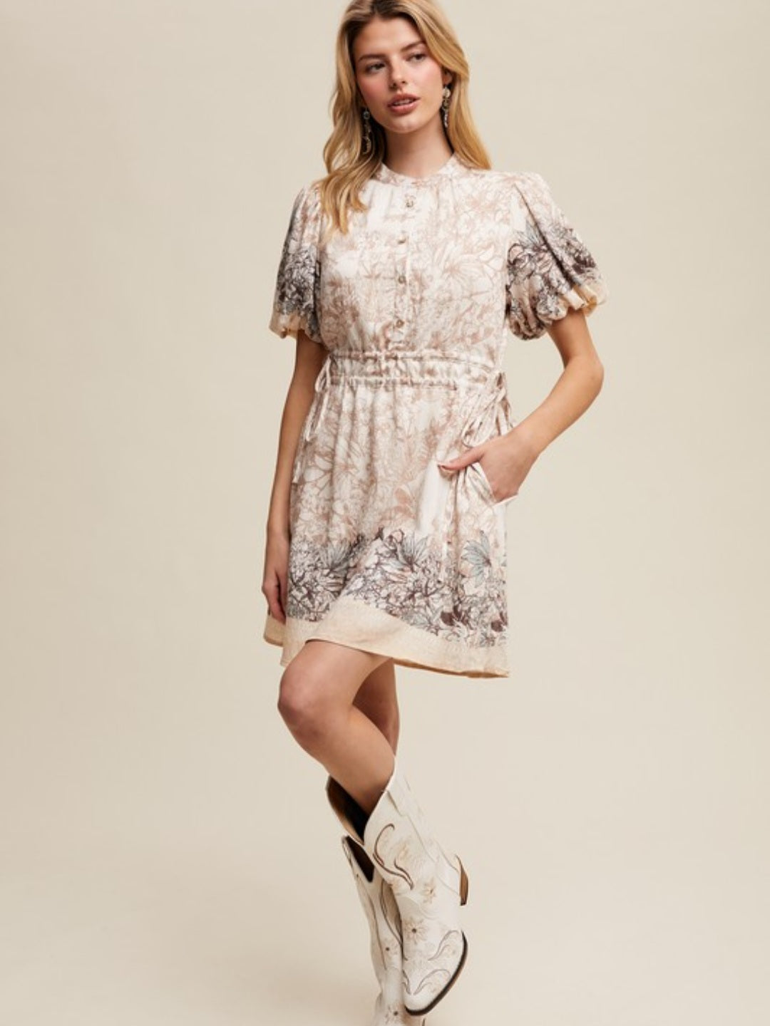 Champagne Floral Print Puff Sleeve Dress
