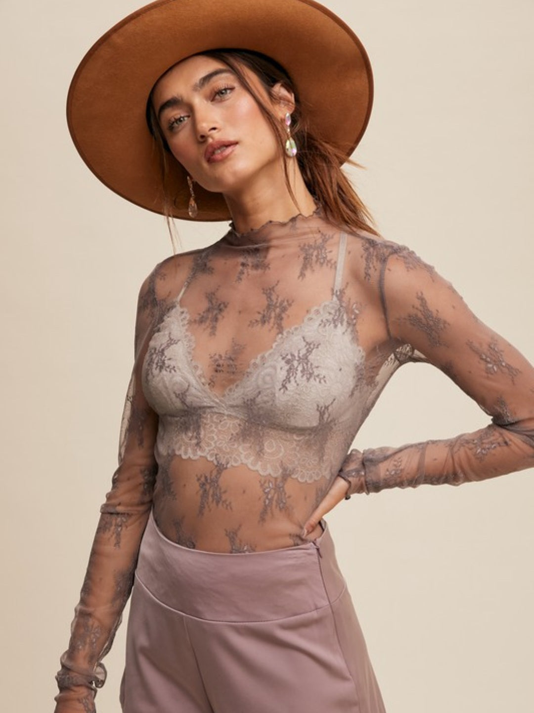Grey Sheer Lace Mock Neck Layering Top