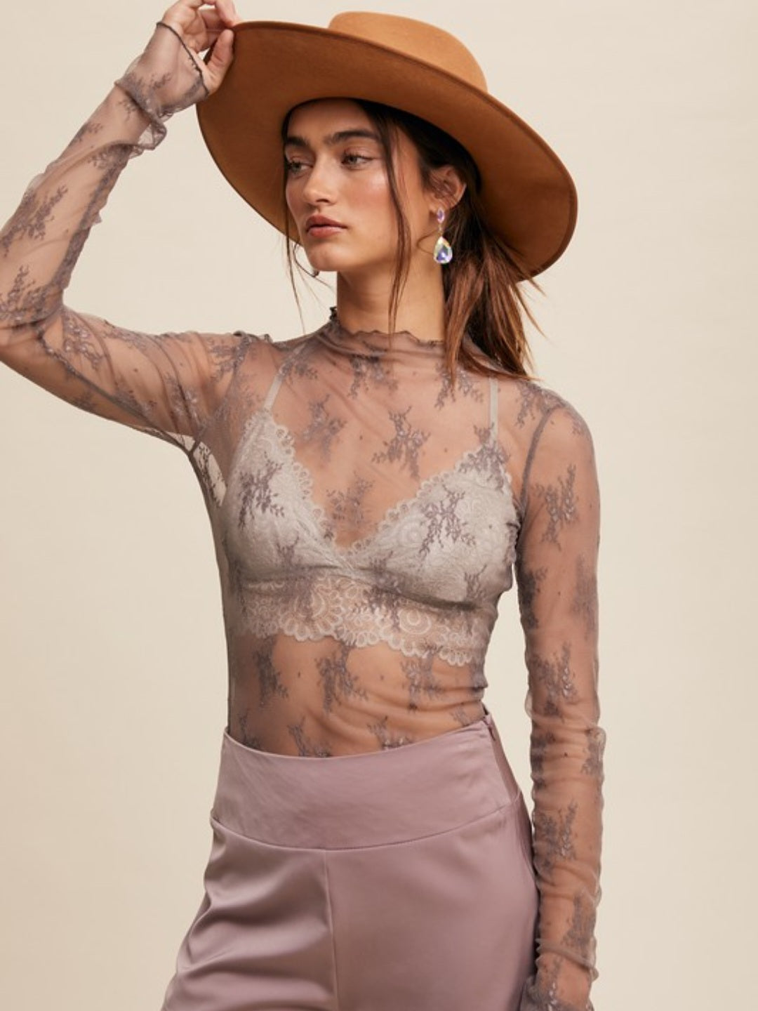 Grey Sheer Lace Mock Neck Layering Top
