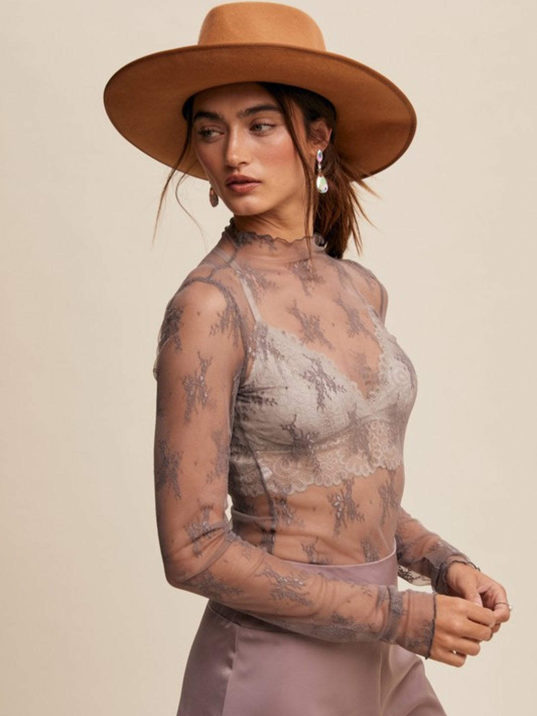 Grey Sheer Lace Mock Neck Layering Top