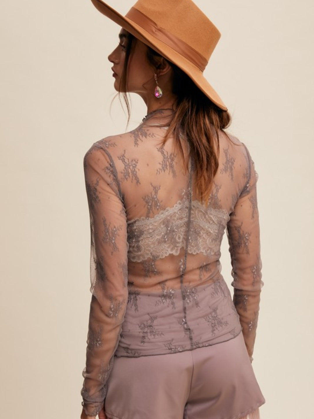 Grey Sheer Lace Mock Neck Layering Top