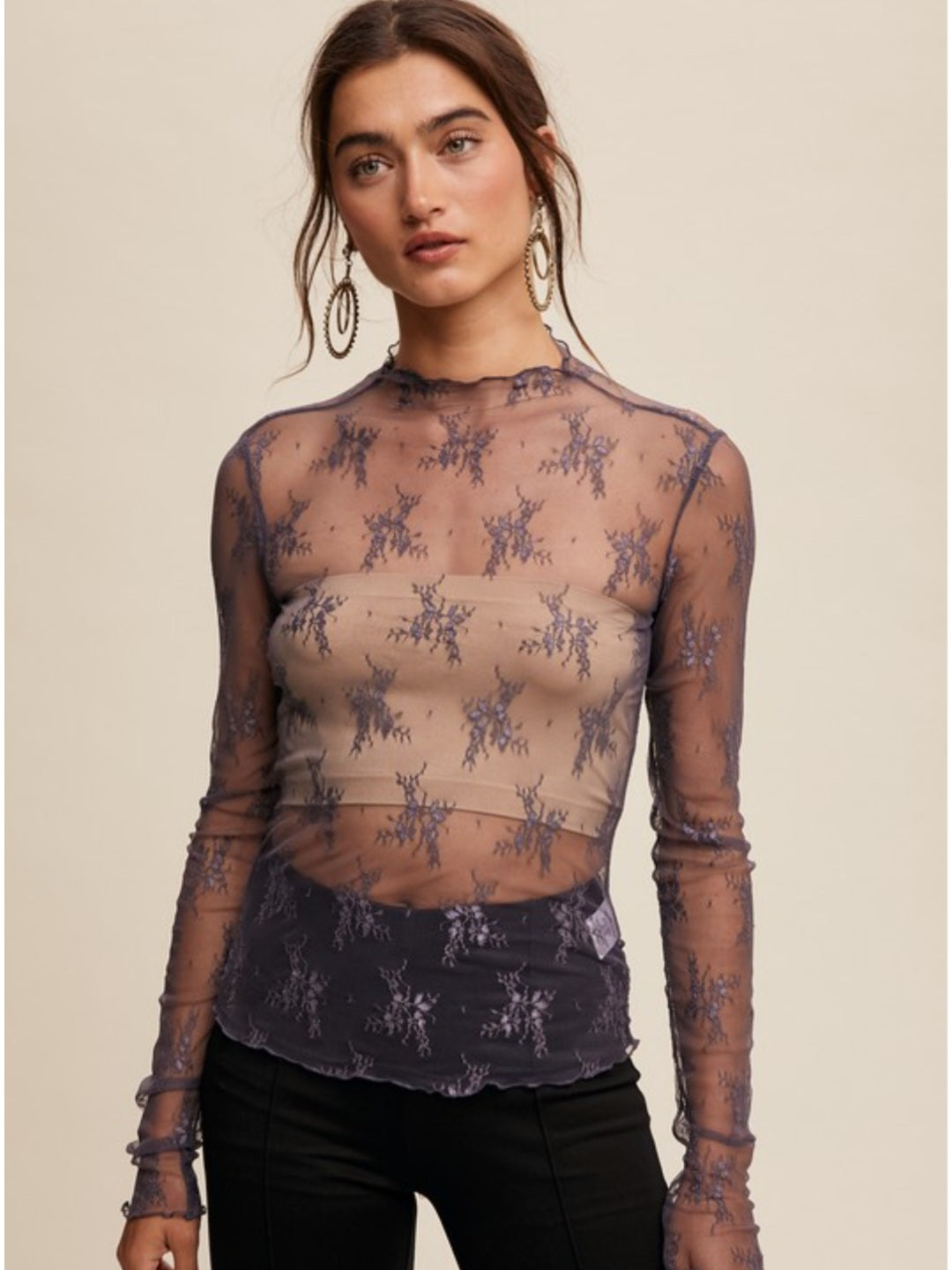 Midnight Sheer Lace Mock Neck Layering Top