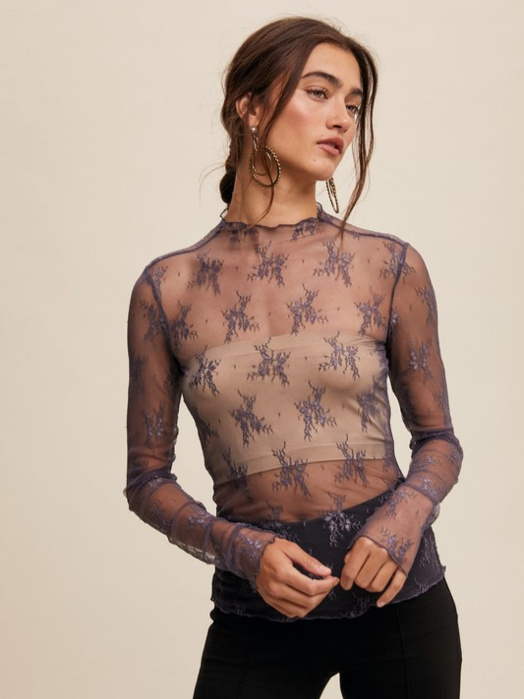 Midnight Sheer Lace Mock Neck Layering Top