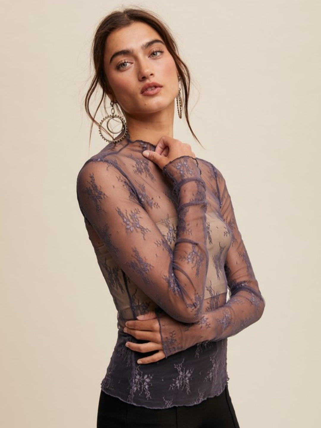 Midnight Sheer Lace Mock Neck Layering Top