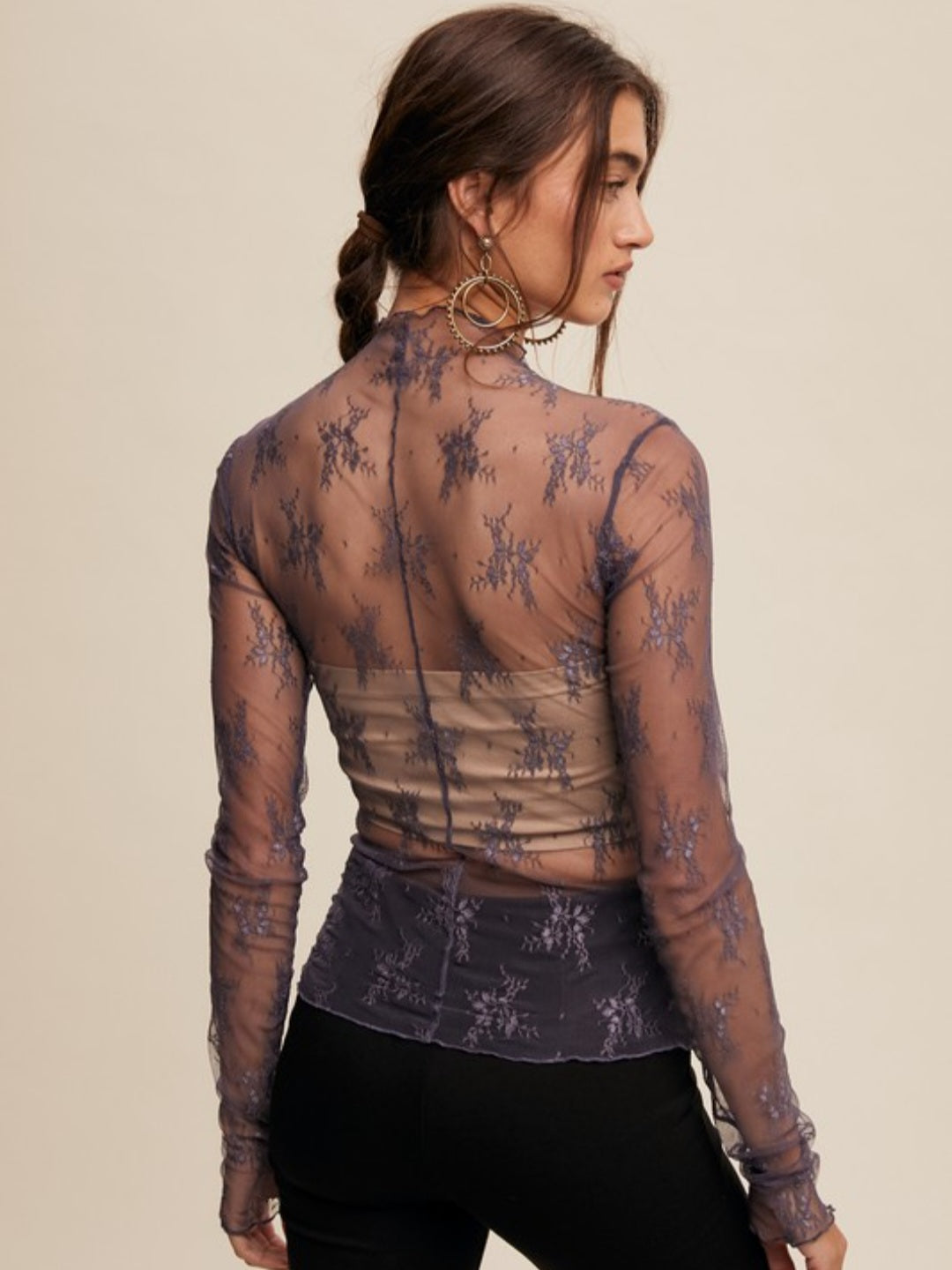 Midnight Sheer Lace Mock Neck Layering Top