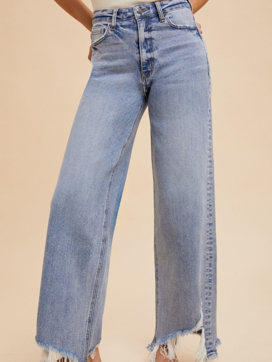Denim Blue Destroyed Hem Straight Leg Jeans