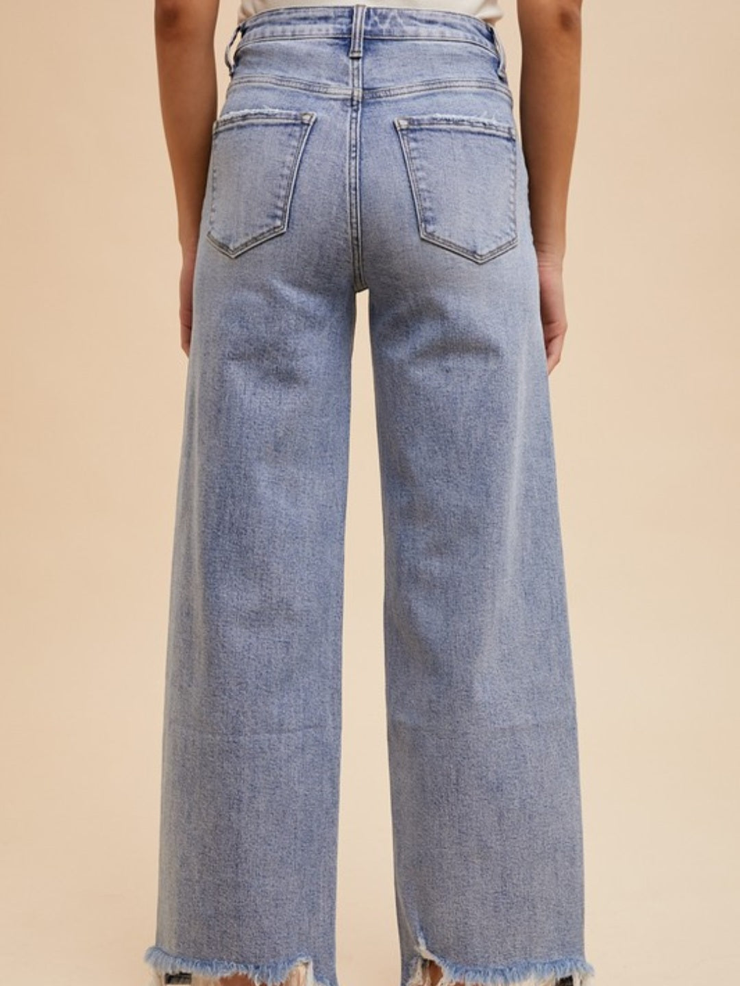 Denim Blue Destroyed Hem Straight Leg Jeans