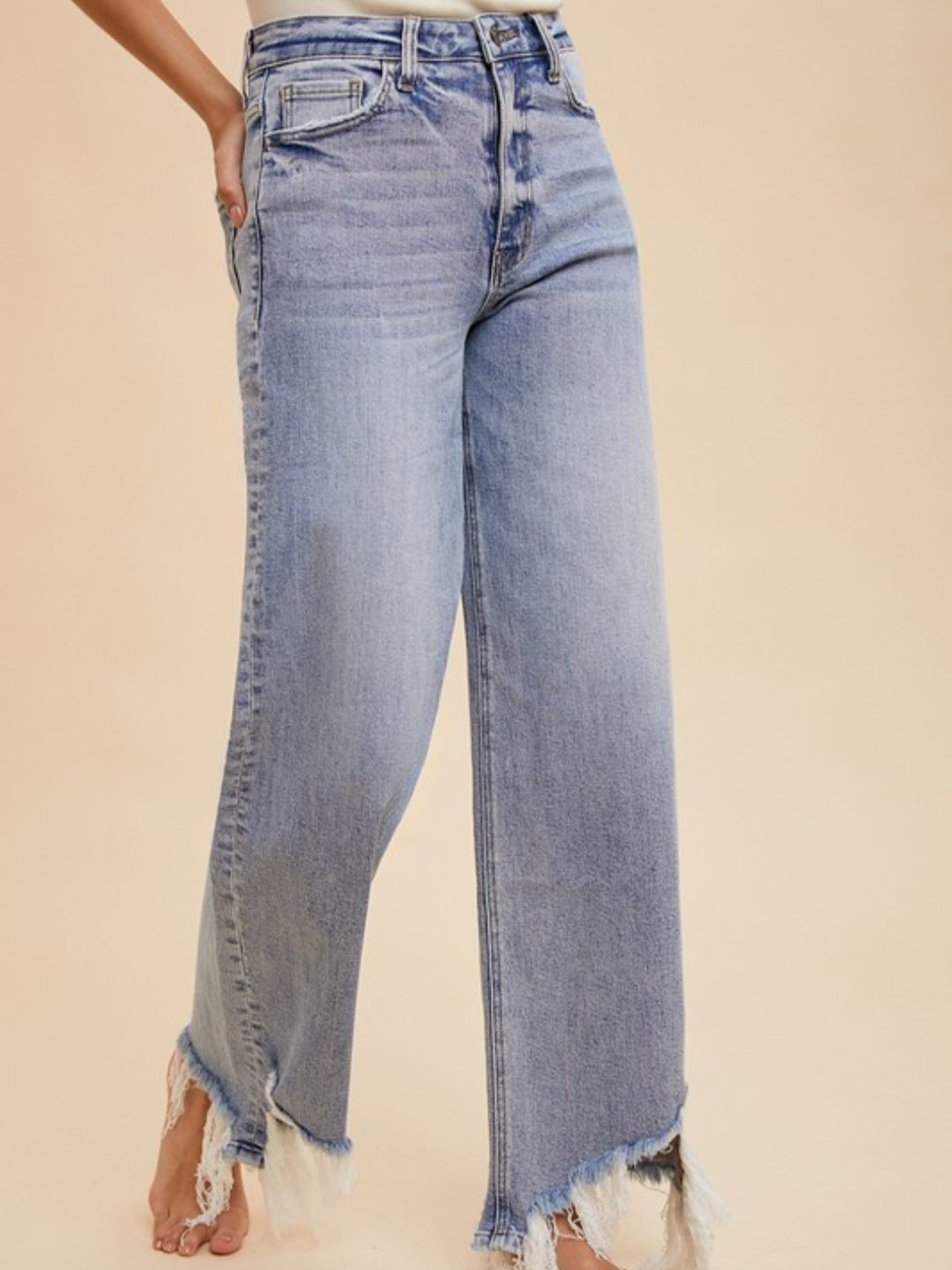 Denim Blue Destroyed Hem Straight Leg Jeans