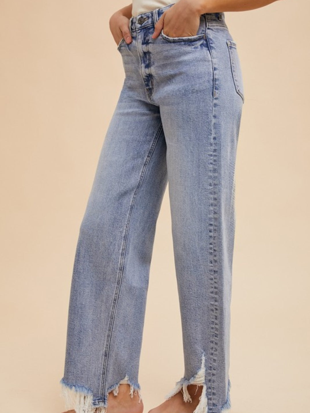 Denim Blue Destroyed Hem Straight Leg Jeans