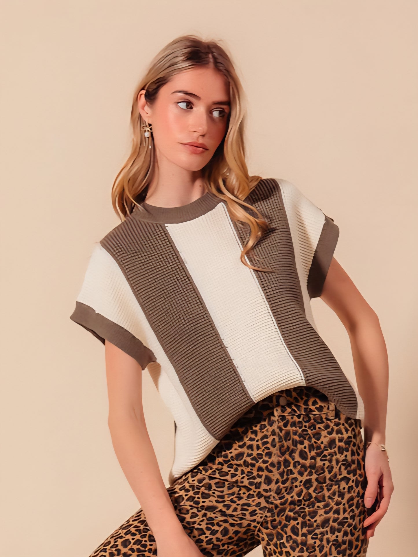 Waffle Texture Wide Vertical Stripe Top