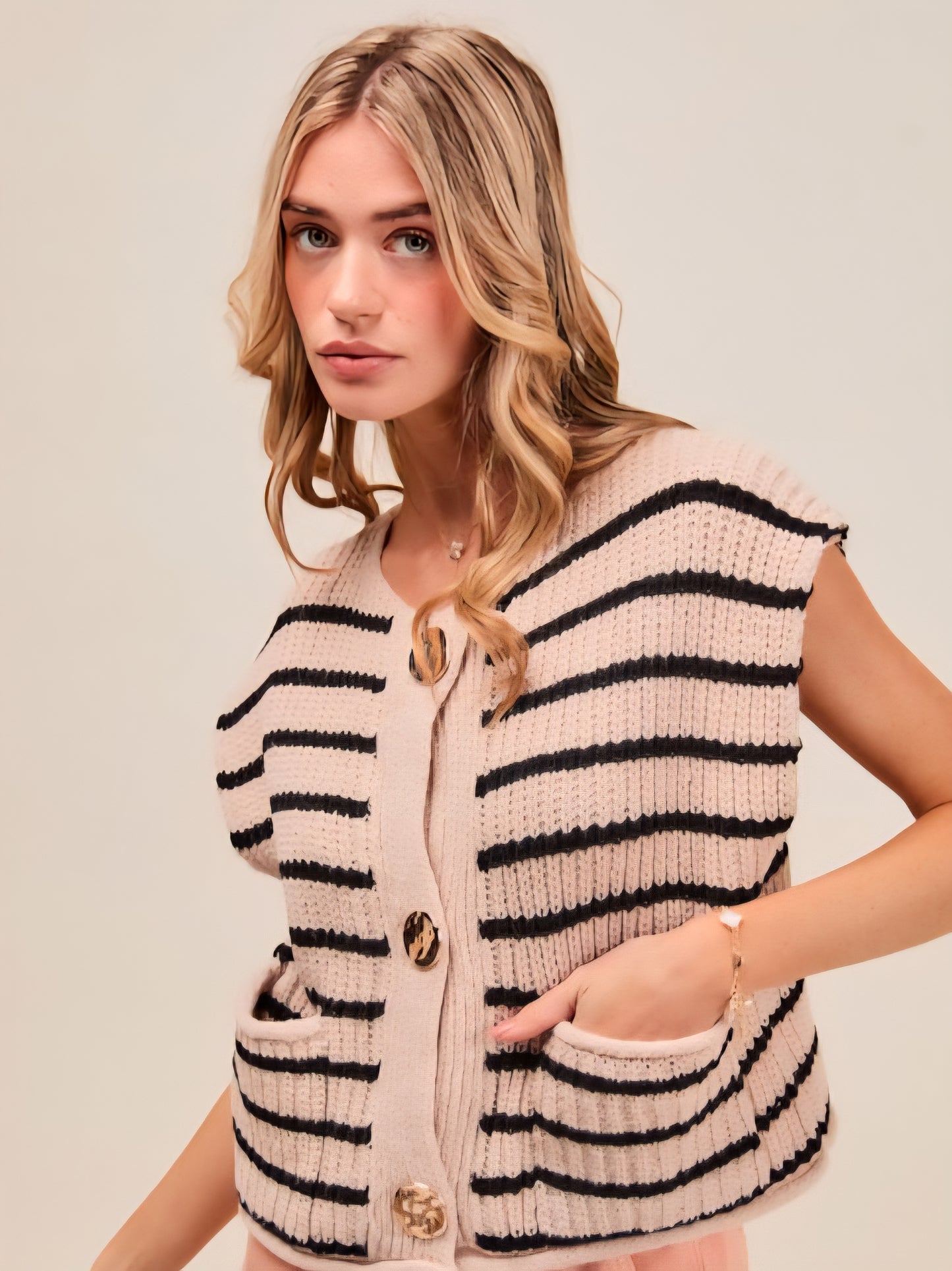 Stripe Sweater Vest with Hammered Gold Buttons