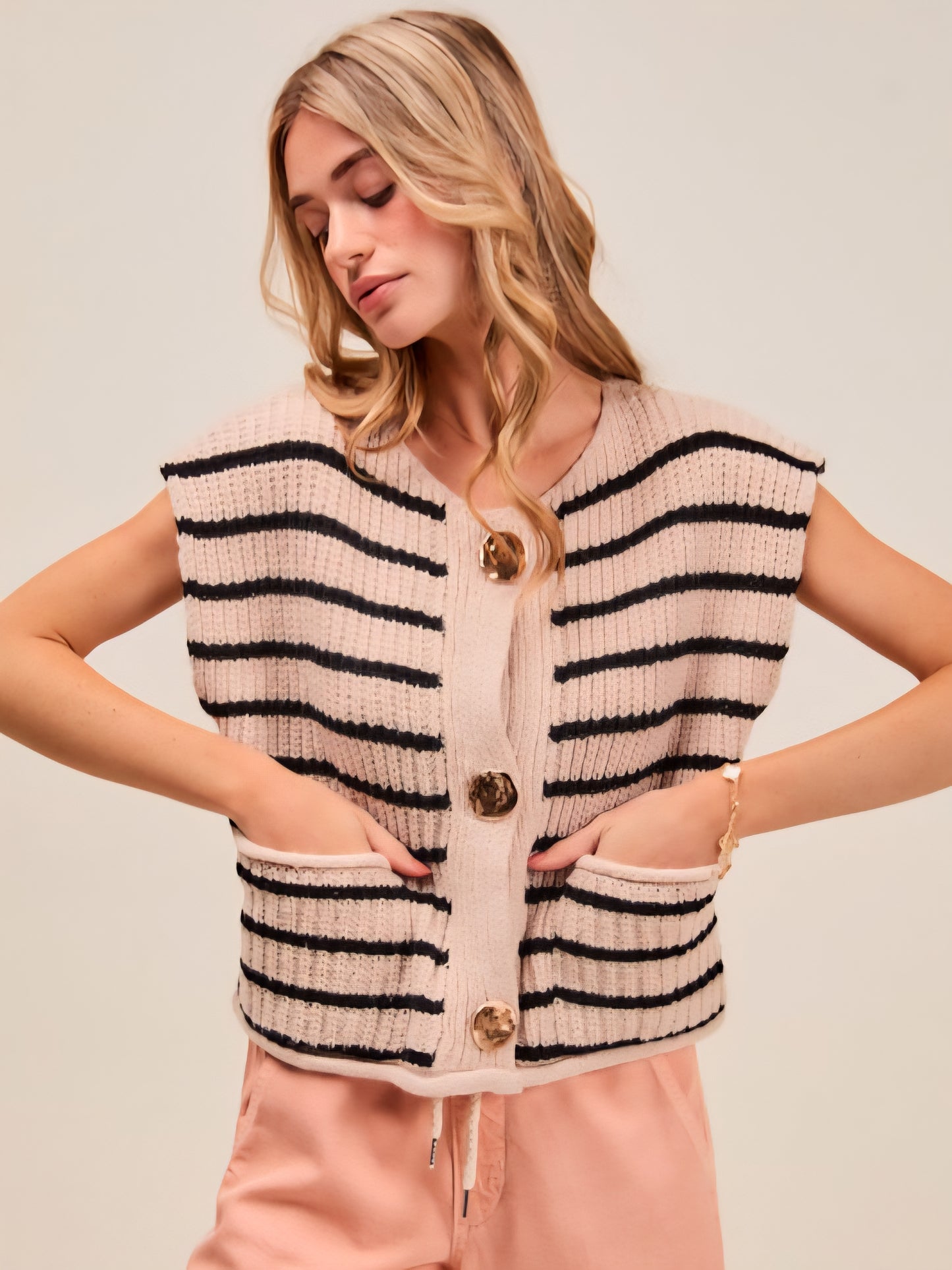 Stripe Sweater Vest with Hammered Gold Buttons
