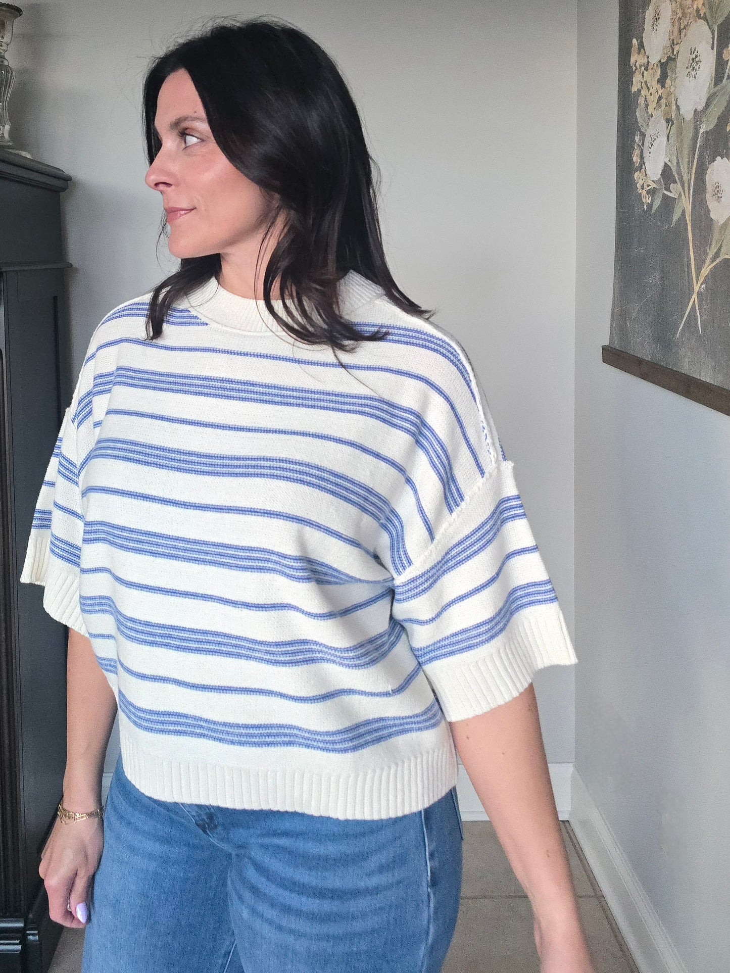 Inside Out Cream + Navy Stripe Short Sleeve Sweater