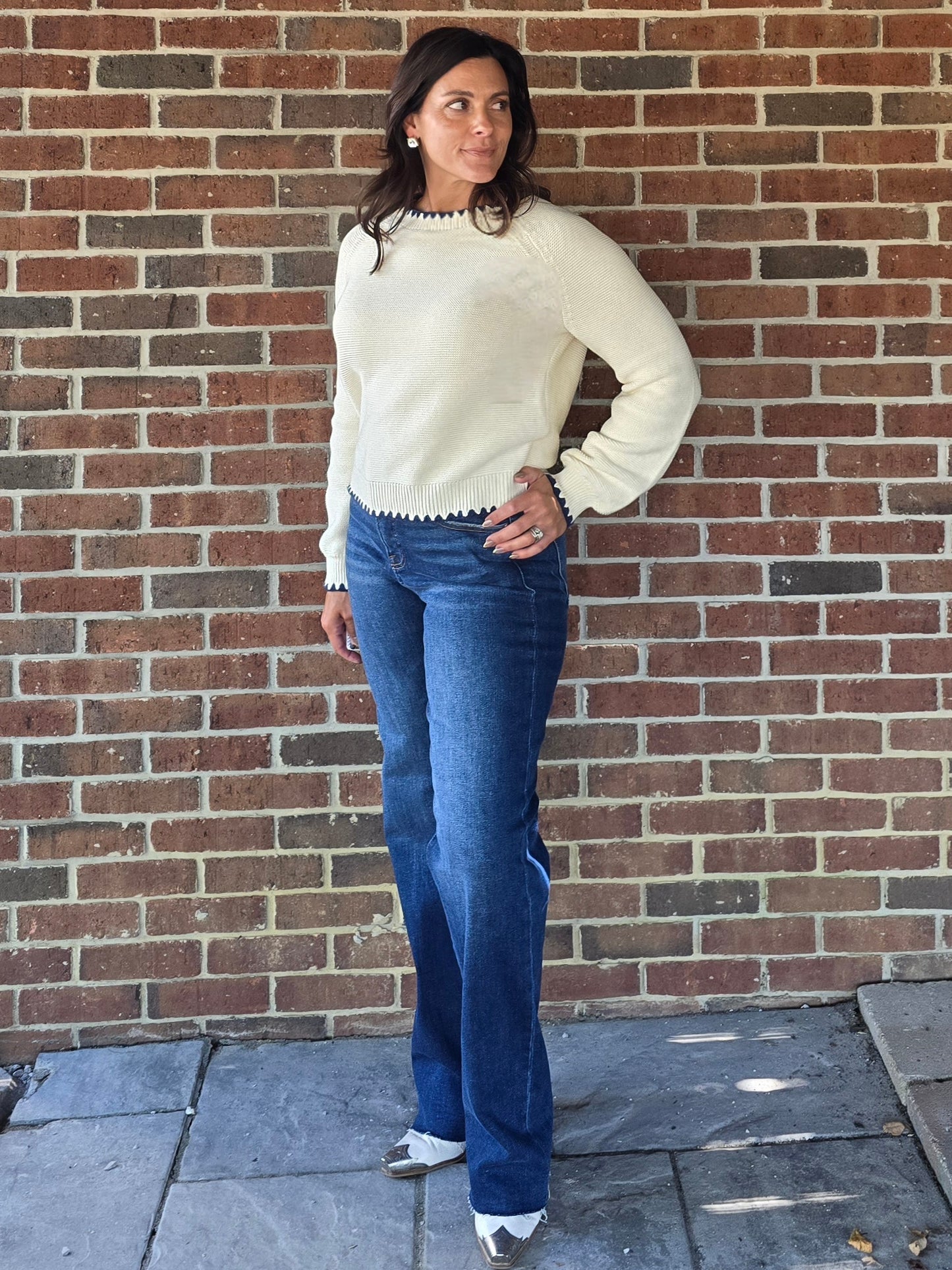Contrast Stitch Puff Sleeve Sweater
