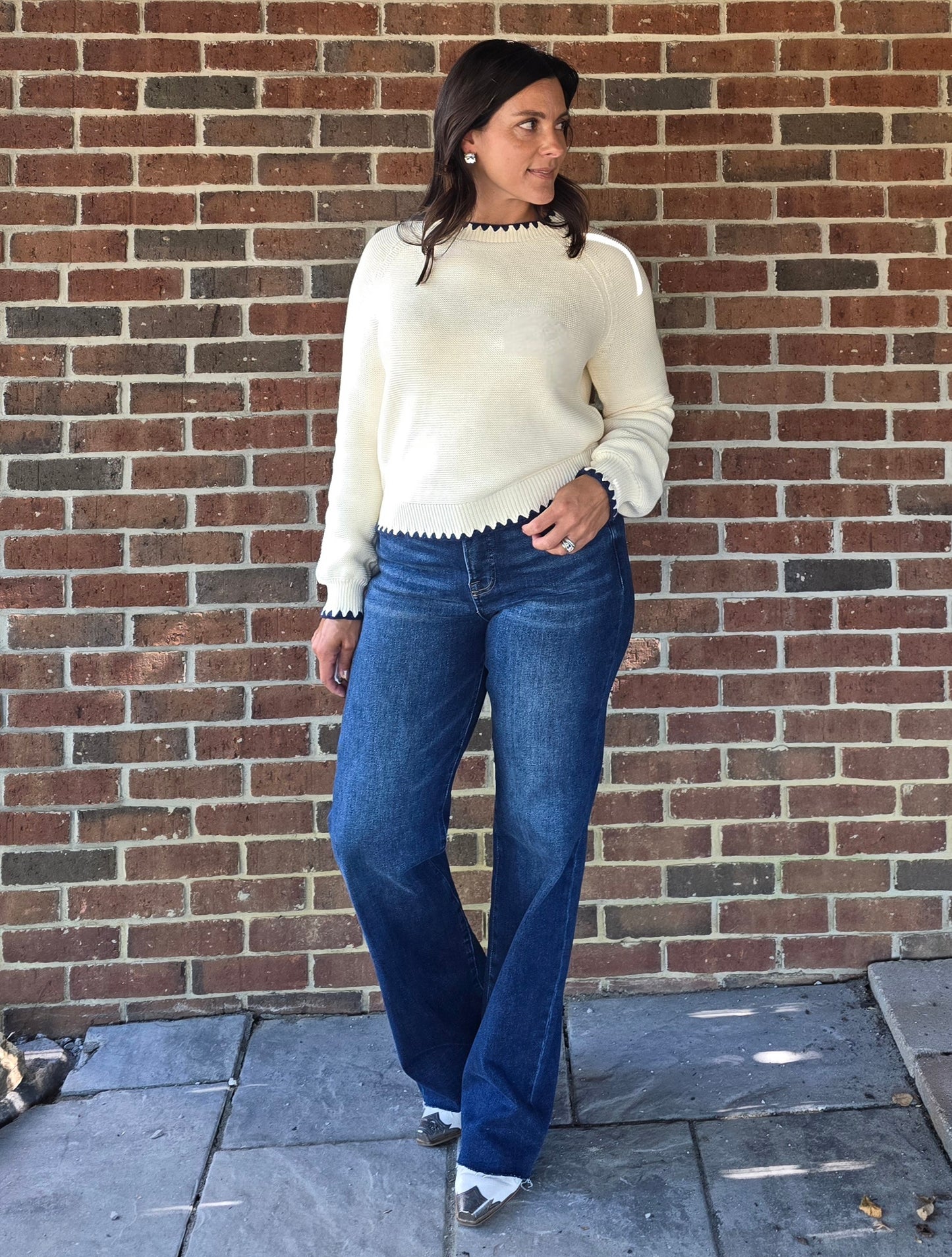 Contrast Stitch Puff Sleeve Sweater